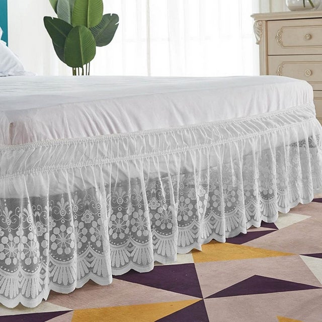 Gonna da letto con volant in pizzo per letto matrimoniale 180*200 cm, caduta 38 cm, facile da indossare, avvolgente, bianco