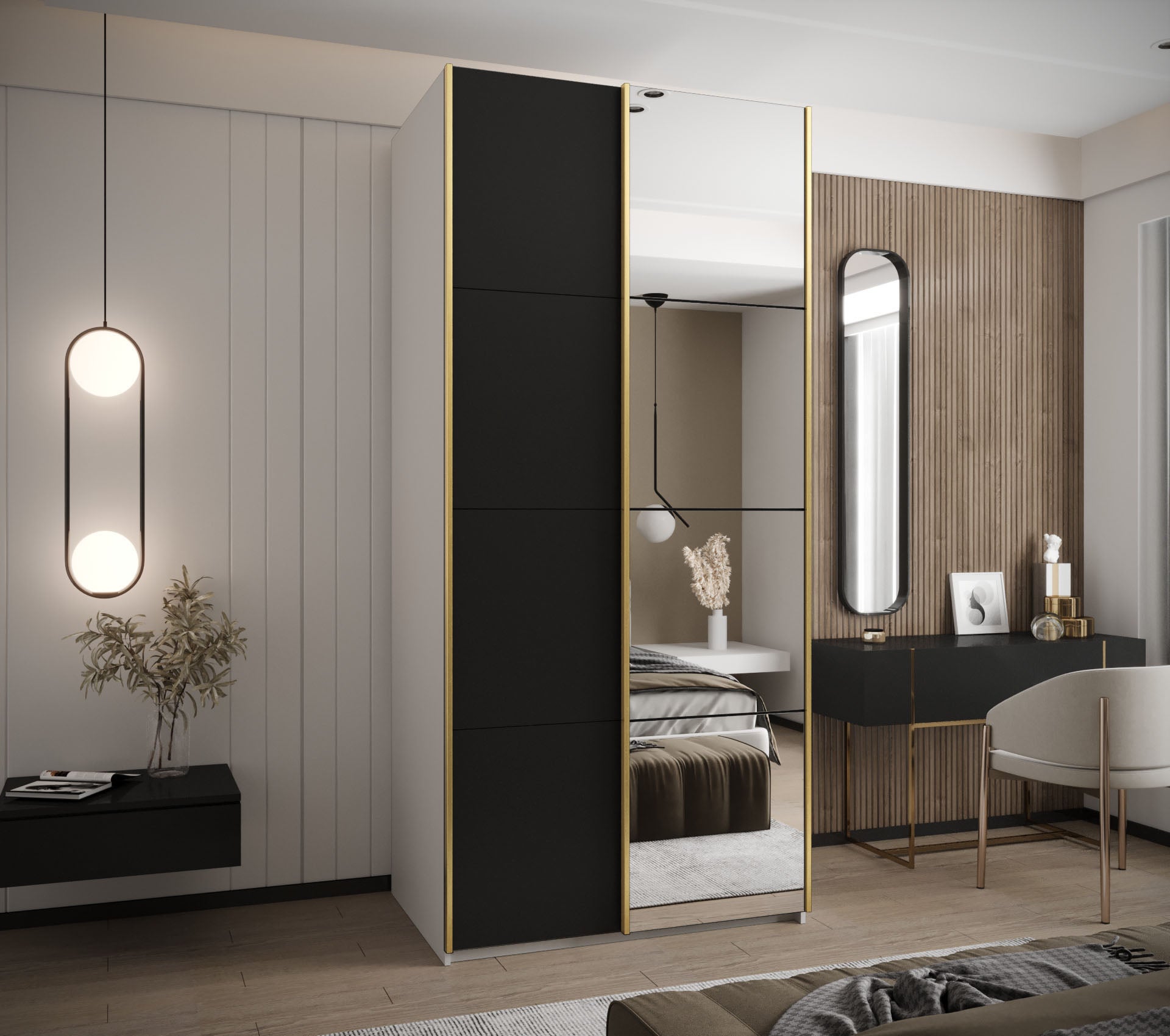 Szafa przesuwna wysoka Lux 3 100 x 64 x 245,5 cm biały + czarny + u. złoty - Abiks Meble - 2