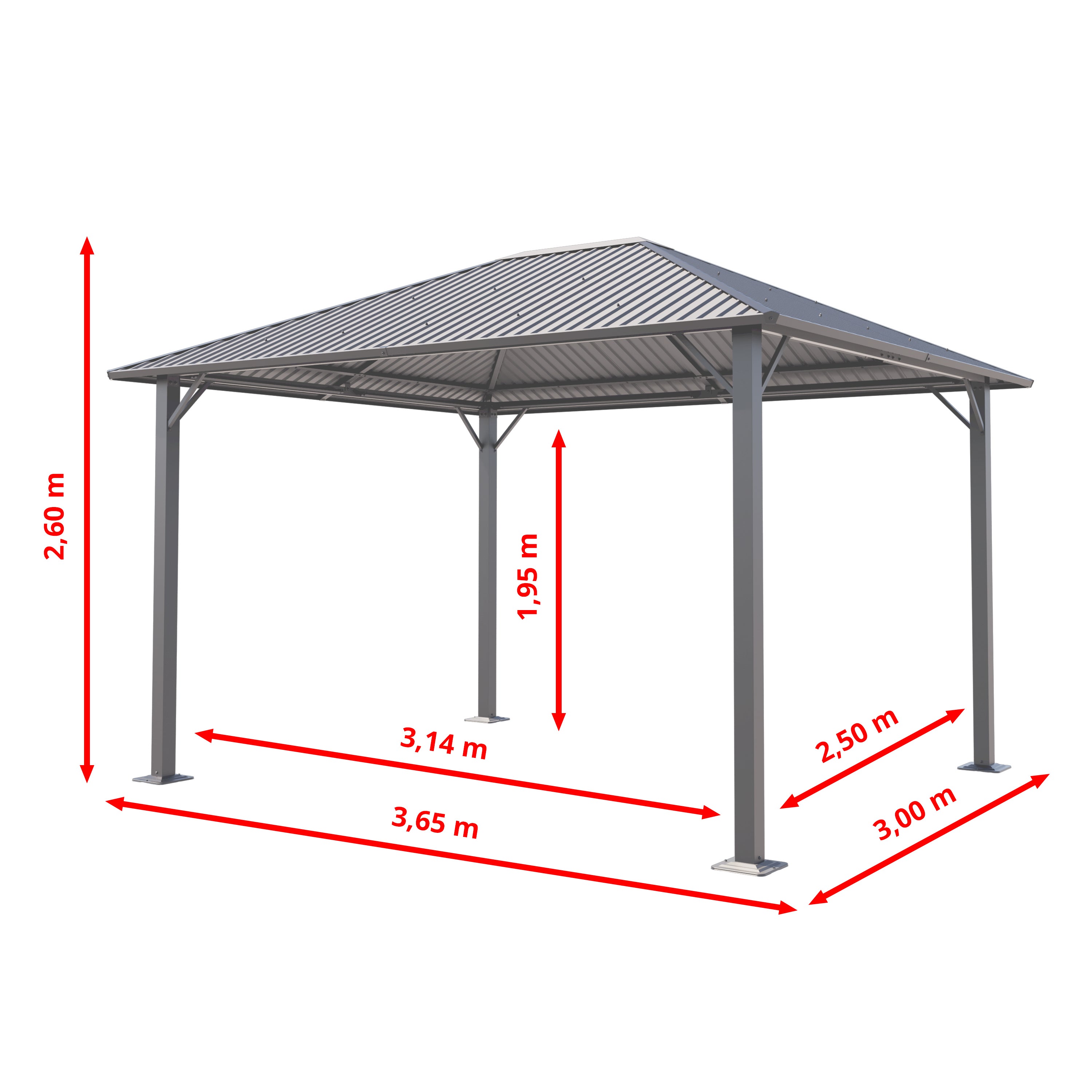 TOOLPORT Cenador de Jardin 3x3,65 m con techo de acero - Hardtop pabellón con 4 cortinas y mosquiteras en gris - 2