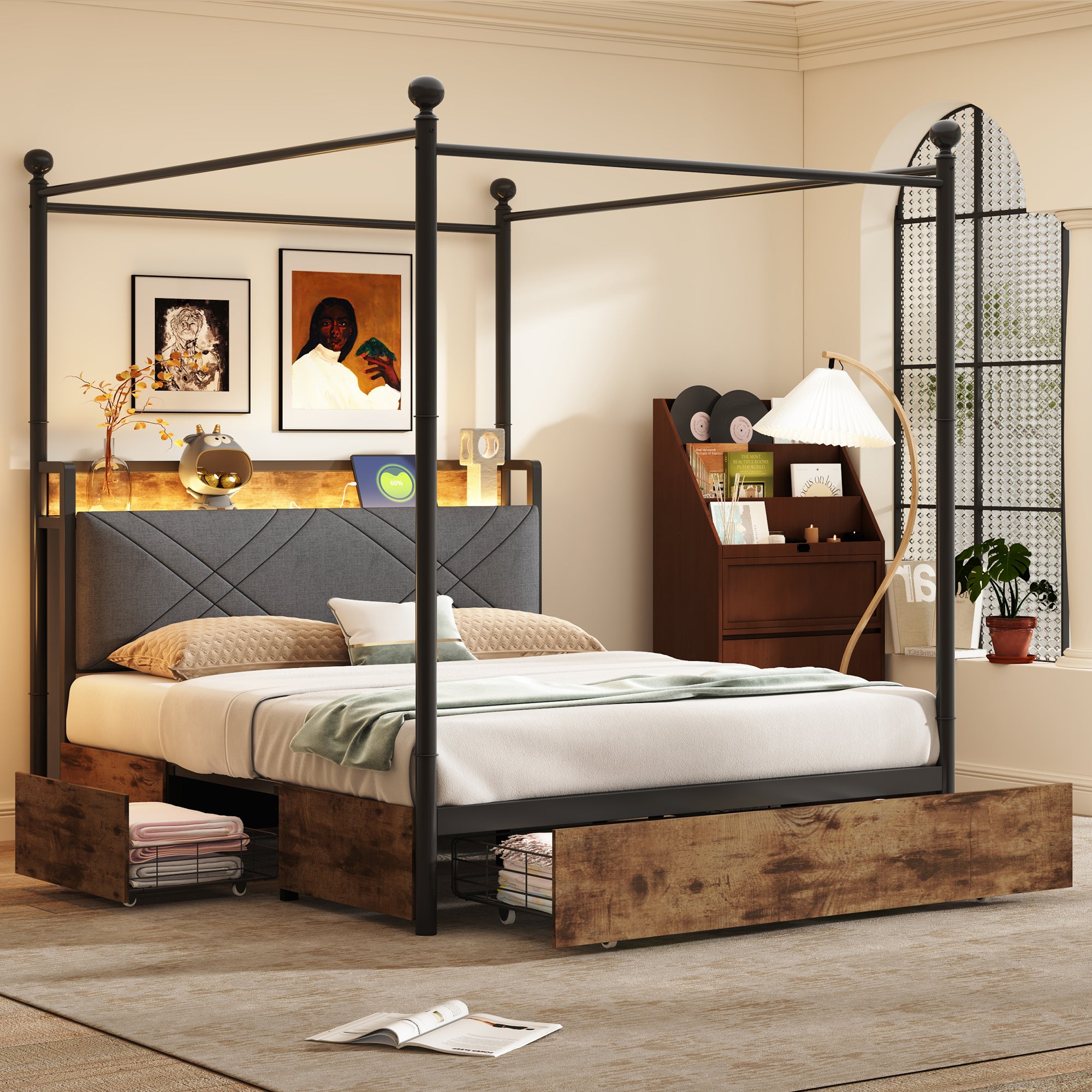 Łóżko z baldachimem 140 x 190 cm z 3 szufladami i USB/Typ-C - Żelazo + sklejka + MDF - Diody LED - Czarne i drewniane (bez materaca)