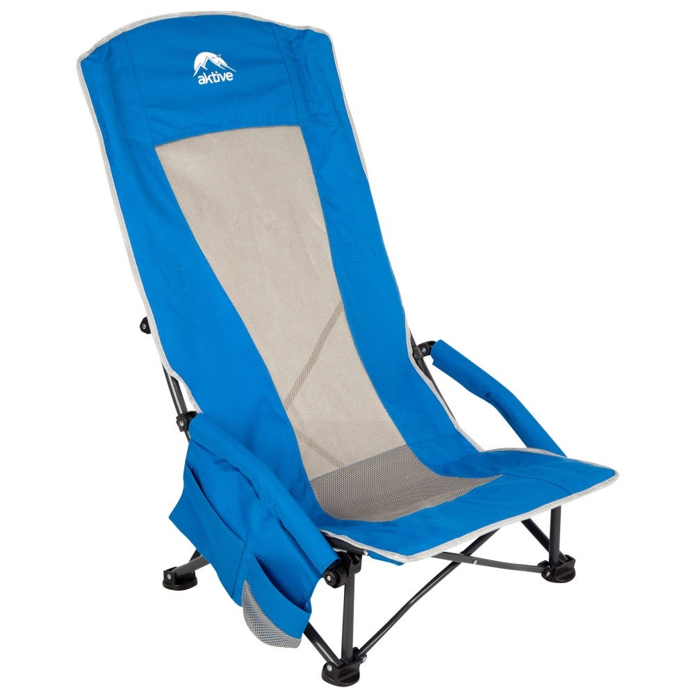 Aktive silla plegable baja y transpirable azul c/bolsillo y posavasos