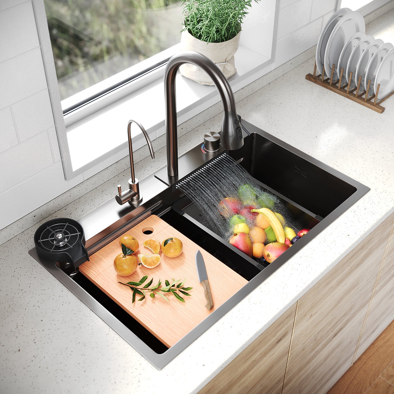 SIRHONA Évier Inox Encastré 1 Bac avec Escamotable + Cascade Robinet 75x45cm - 2