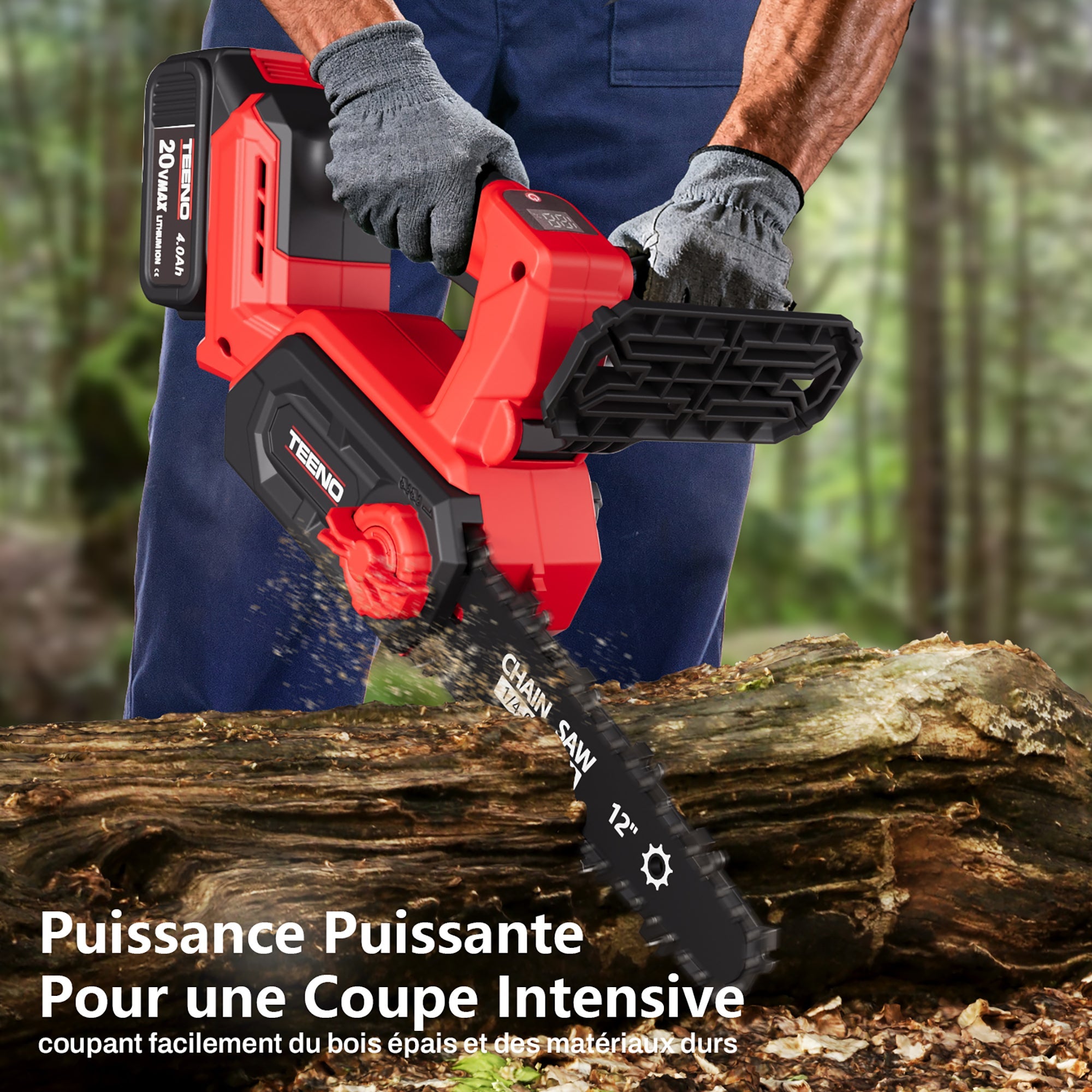 TEENO Tronçonneuse électrique sans fil à moteur brushless de 12 pouces et 1200 W, 2 batteries de 4,0 Ah - 4