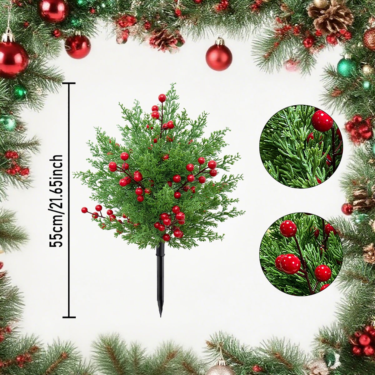 2 topiari di Natale artificiali – pianta esterna realistica con cipresso e bacche rosse, perfetta per veranda, prato, giardino e decorazioni festive - 2