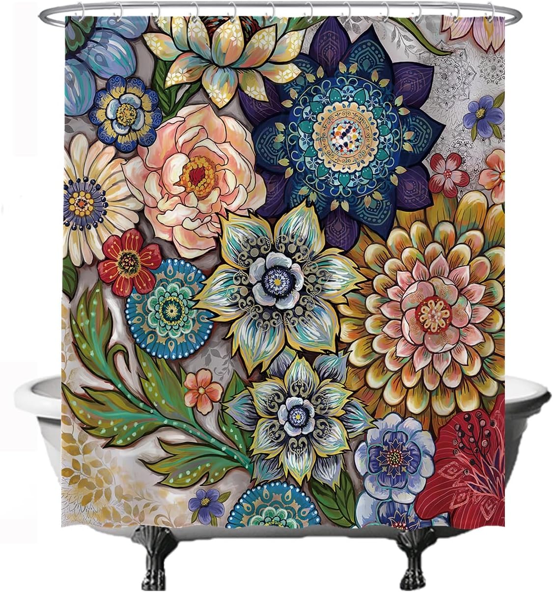 Zasłona prysznicowa – Wielokolorowe kwiaty – Sztuka naturalna – 180 x 200 cm – Zmywalna – Odporna na pleśń – Wodoodporna – Z 12 pierścieniami – Czerw