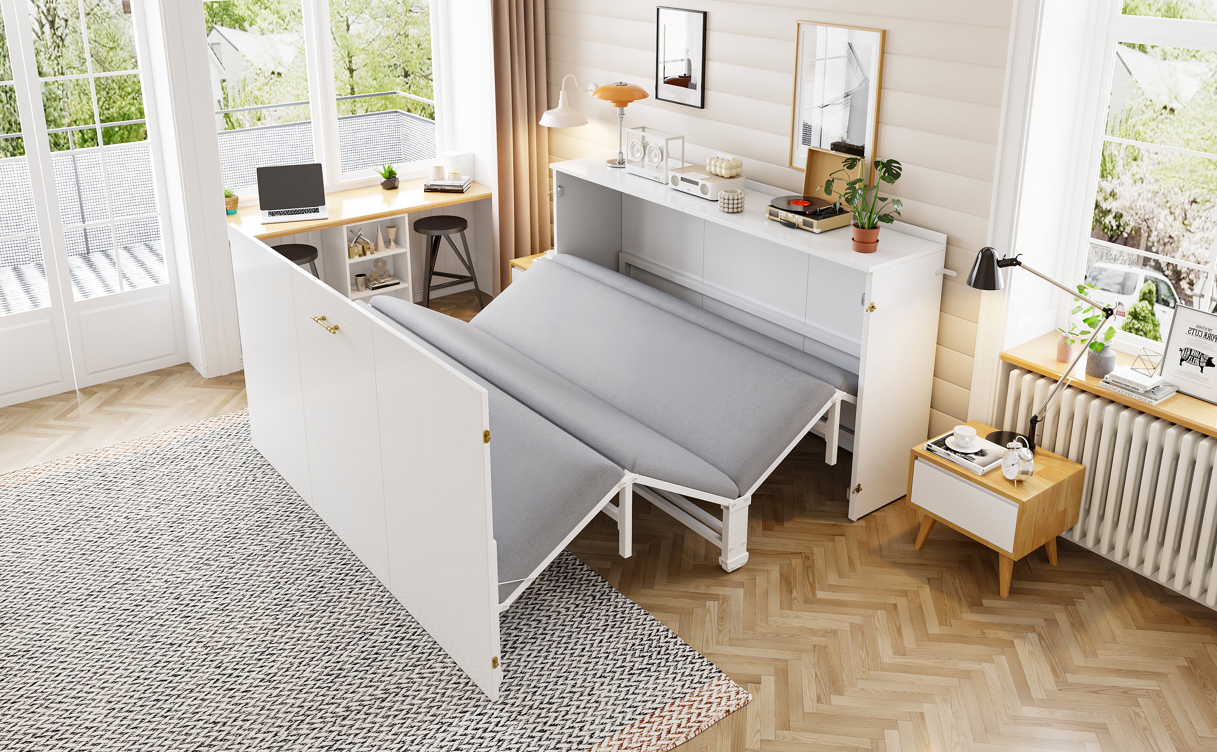 Łóżko chowane w ścianie 140 x 200 cm z materacem lnianym – Metal i drewno – Oszczędność miejsca dzięki składanemu systemowi z cichymi kółkami – Białe - 8