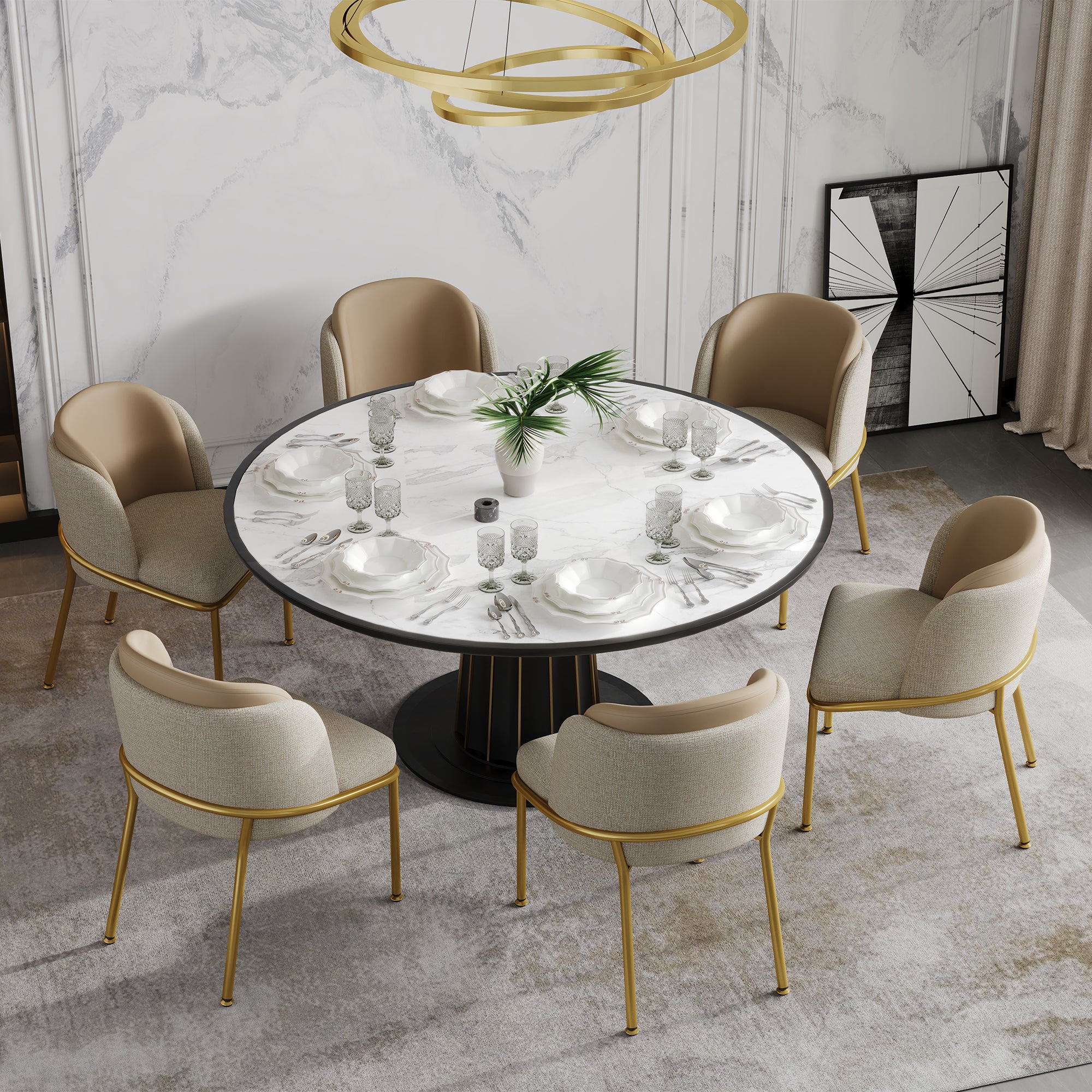 Komplet 6 krzeseł do jadalni z podłokietnikami - 55 x 55 x 85 cm - PVC, skóra ekologiczna i nogi metalowe w kolorze złotym - Beżowy + khaki