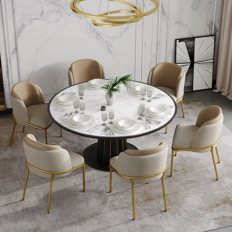 Komplet 6 krzeseł do jadalni z podłokietnikami - 55 x 55 x 85 cm - PVC, skóra ekologiczna i nogi metalowe w kolorze złotym - Beżowy + khaki