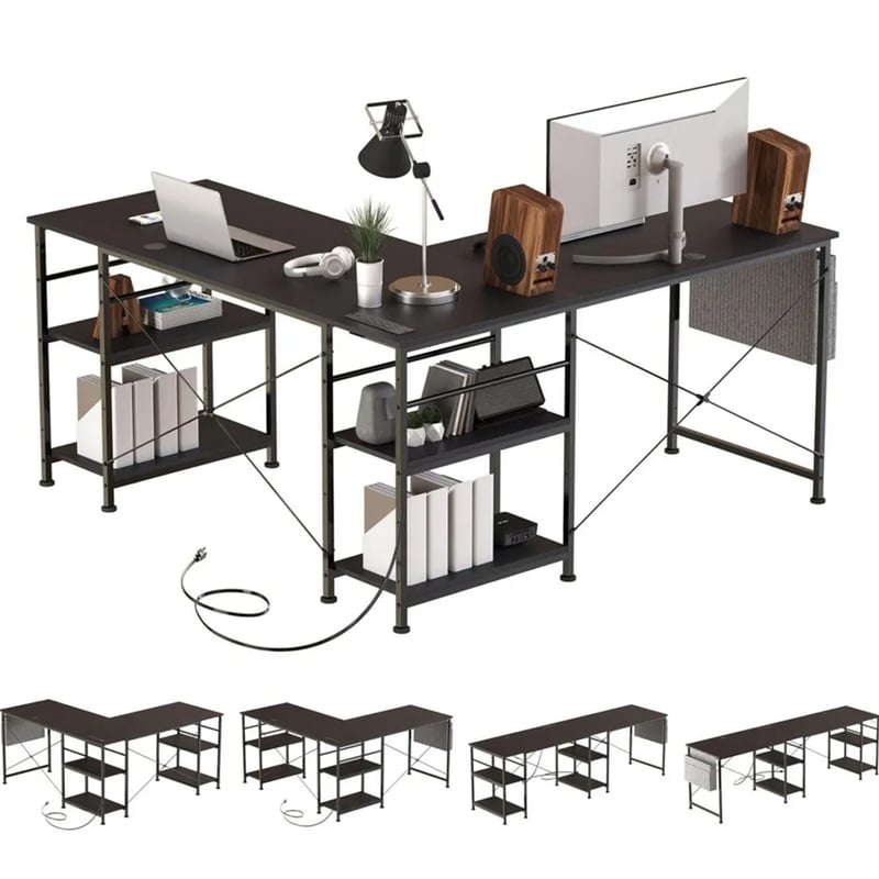 Biurko modułowe Tbfit w kształcie litery L, czarne – zintegrowane gniazdko elektryczne, wyjmowane półki i odwracalna konstrukcja do gier/biura