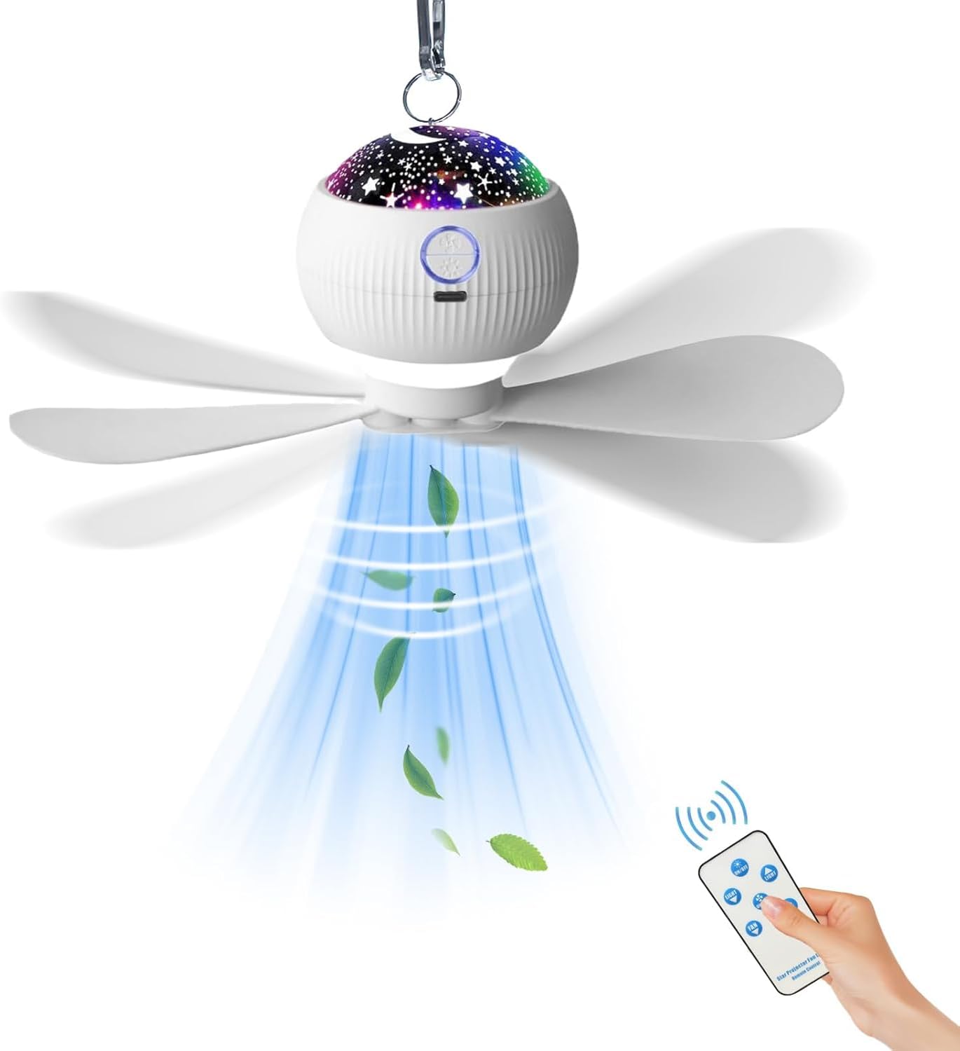 Mini Wentylator Sufitowy z Projekcją Gwiezdną - Lampka LED i Wentylator Namiotowy Akumulatorowy - 3 Poziomy Regulacji - Pilot (26,5 cm)
