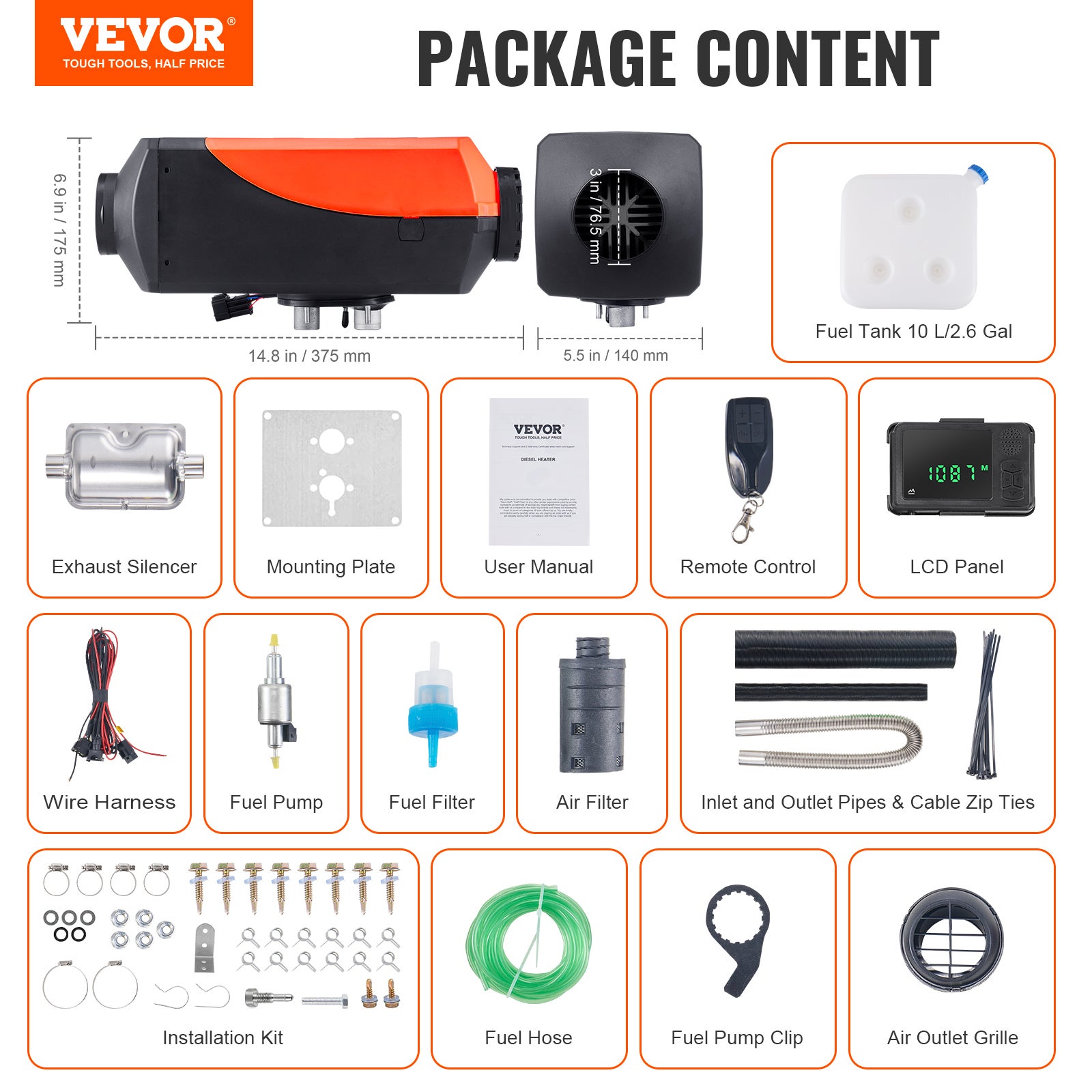 8KW Chauffage Diesel VEVOR 12V Réchauffeur d'Air Diesel 8-36℃ Réglable 20-25m² Contrôle Intelligente LCD Télécommande pour Camion Bateau RV Intérieur - 7