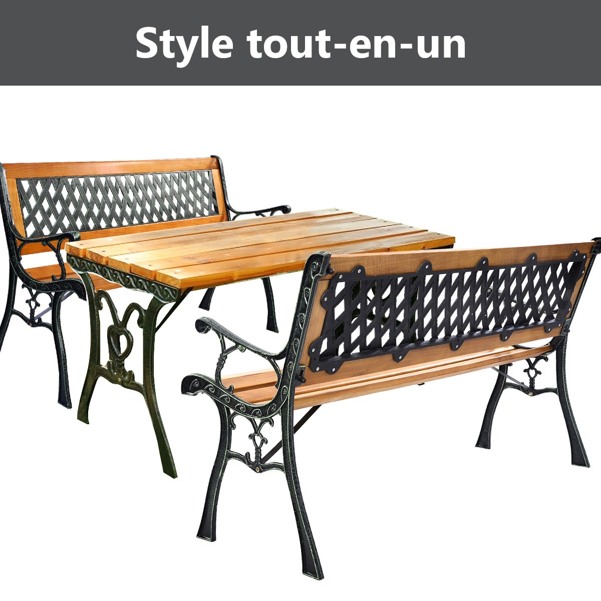 Banc de Jardin Mobilier Extérieur 125 cm en Fonte Siège à Lattes Cadre en Bois Dossier en Plastique Capacité de Charge 210KG - 6