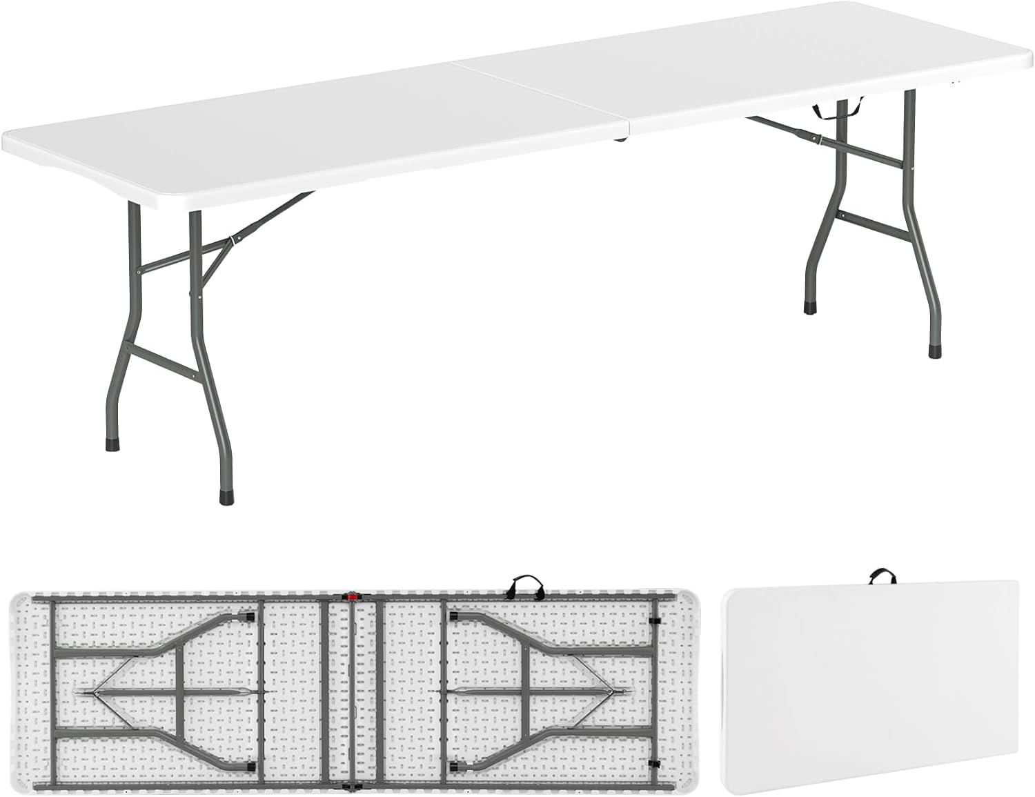 Pliantă de masă exterioară 245 x 74 x 75 cm, Pliantă de masă de camping portabilă din HDPE cu picioare metalice robuste, închisoare de siguranță