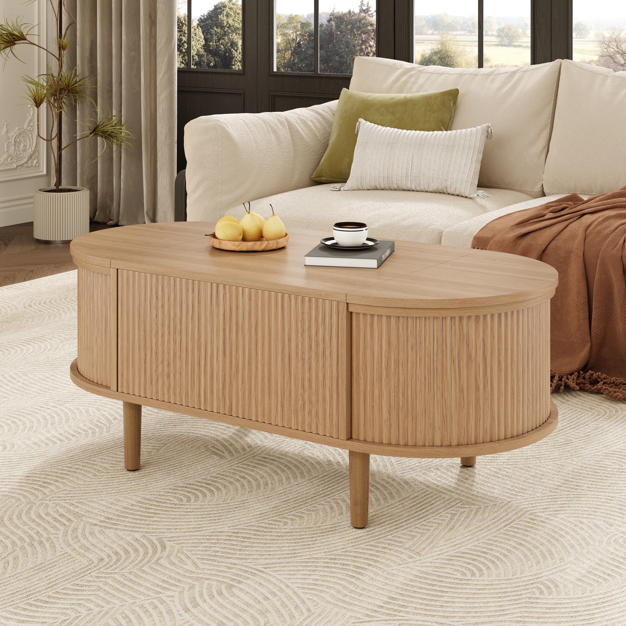 Table basse relevable multifonction 100x48x53,5cm avec rangement, style vintage multifonction pour salon, pieds en bois massif,couleur bois naturel - 6