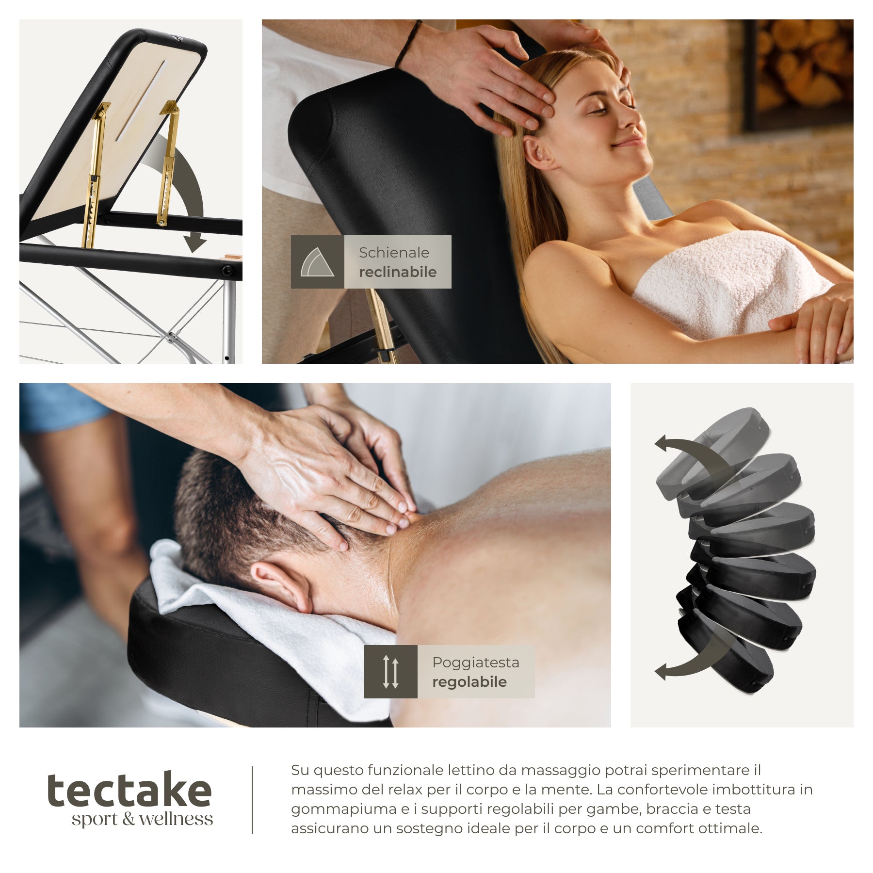 Table de massage en vinyle, pliable, 3 zones, rembourrage épais, appui-tête amovible, noir TECTAKE - 7