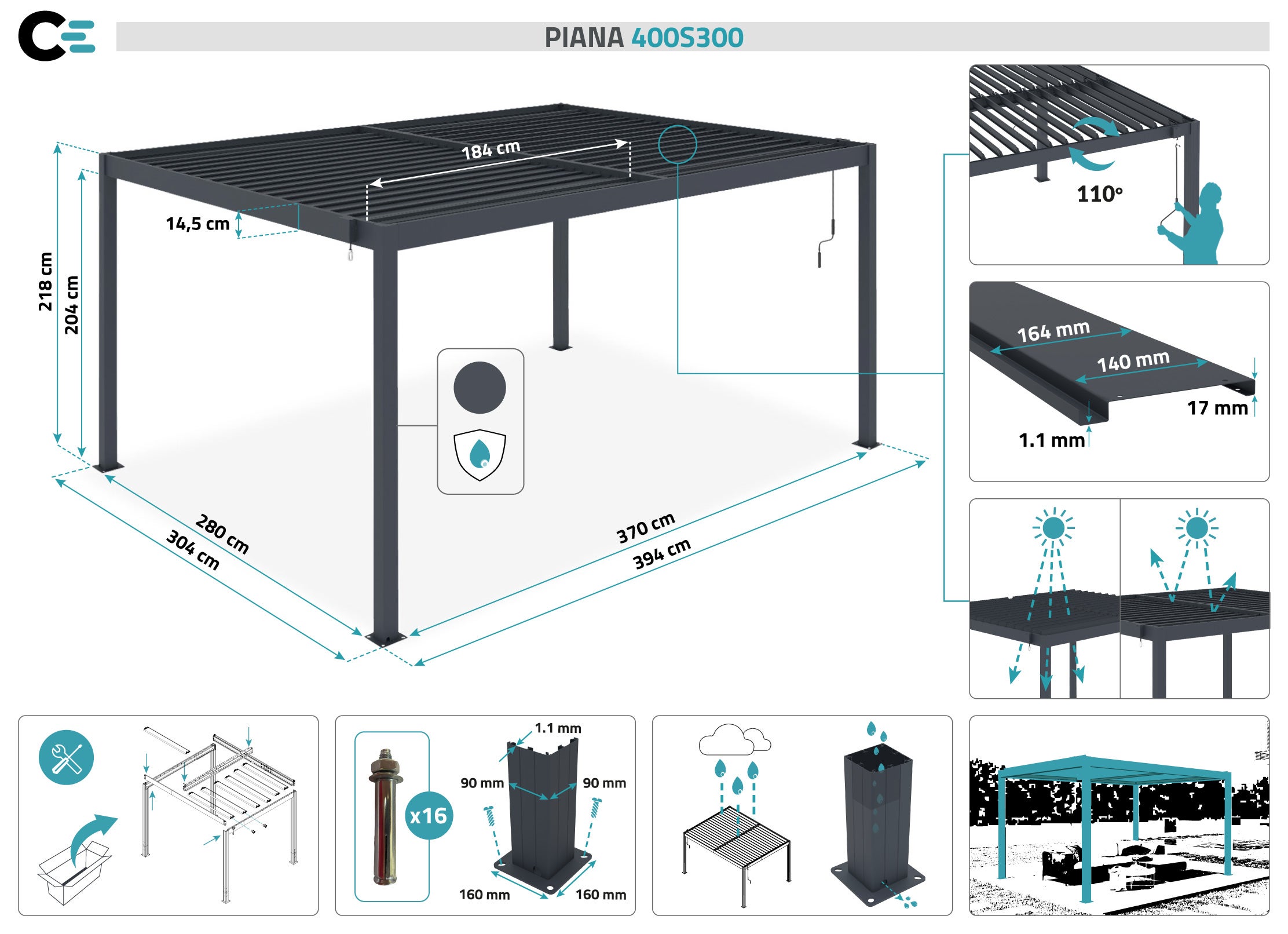 Pergola bioclimatica autoportante in alluminio grigio PIANA 4x3m - 2