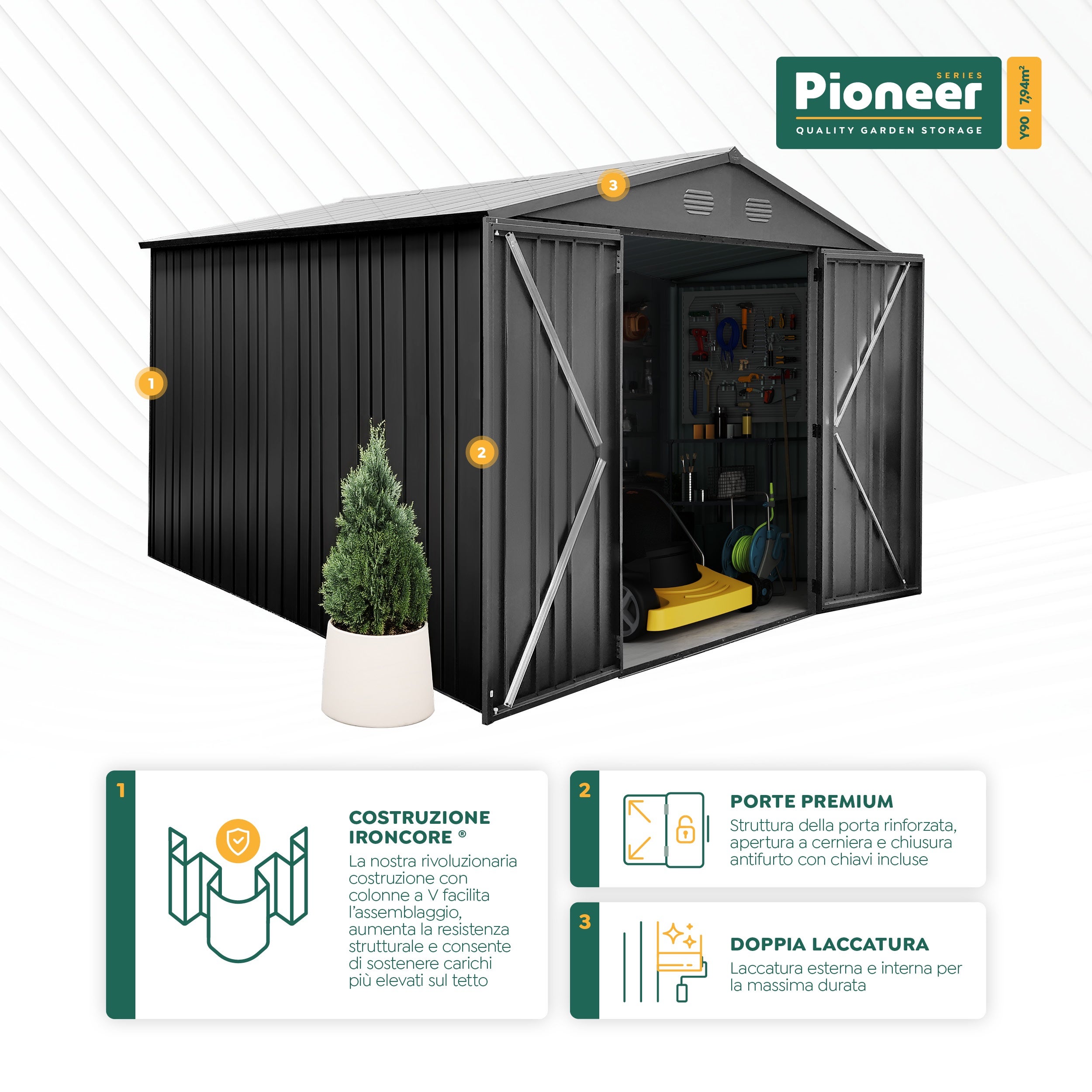 Abri de jardin métal Pioneer Y90 - Structure autoportante - Portes renforcées - Serrure avec clé incluse - Piliers en V - Cabane extérieur 7,94m2 - 8