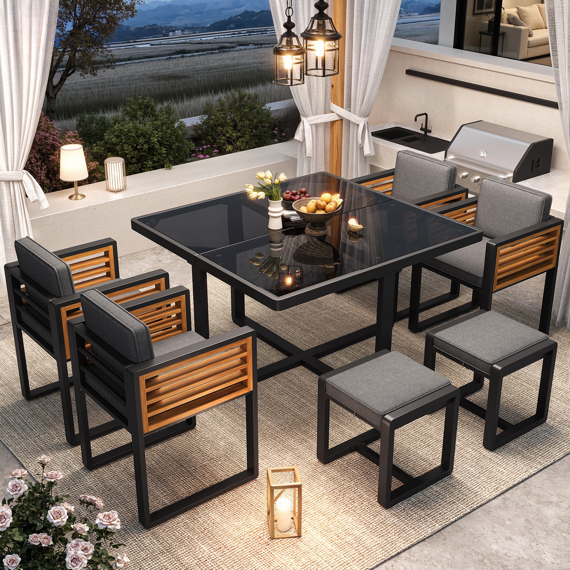 Ensemble de mobilier de jardin, salon de jardin avec 6 chaises et table, ensemble de mobilier de terrasse/balcon pour 6 personnes, ensemble de mobilie - 2