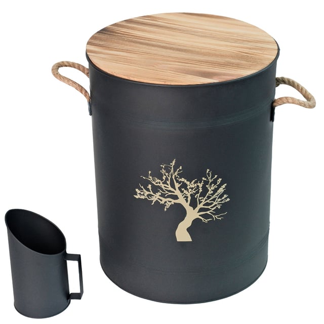 Réservoir à granulés 51 L acier noir - Ø 37 x H 48 cm - Avec tamis et pelle