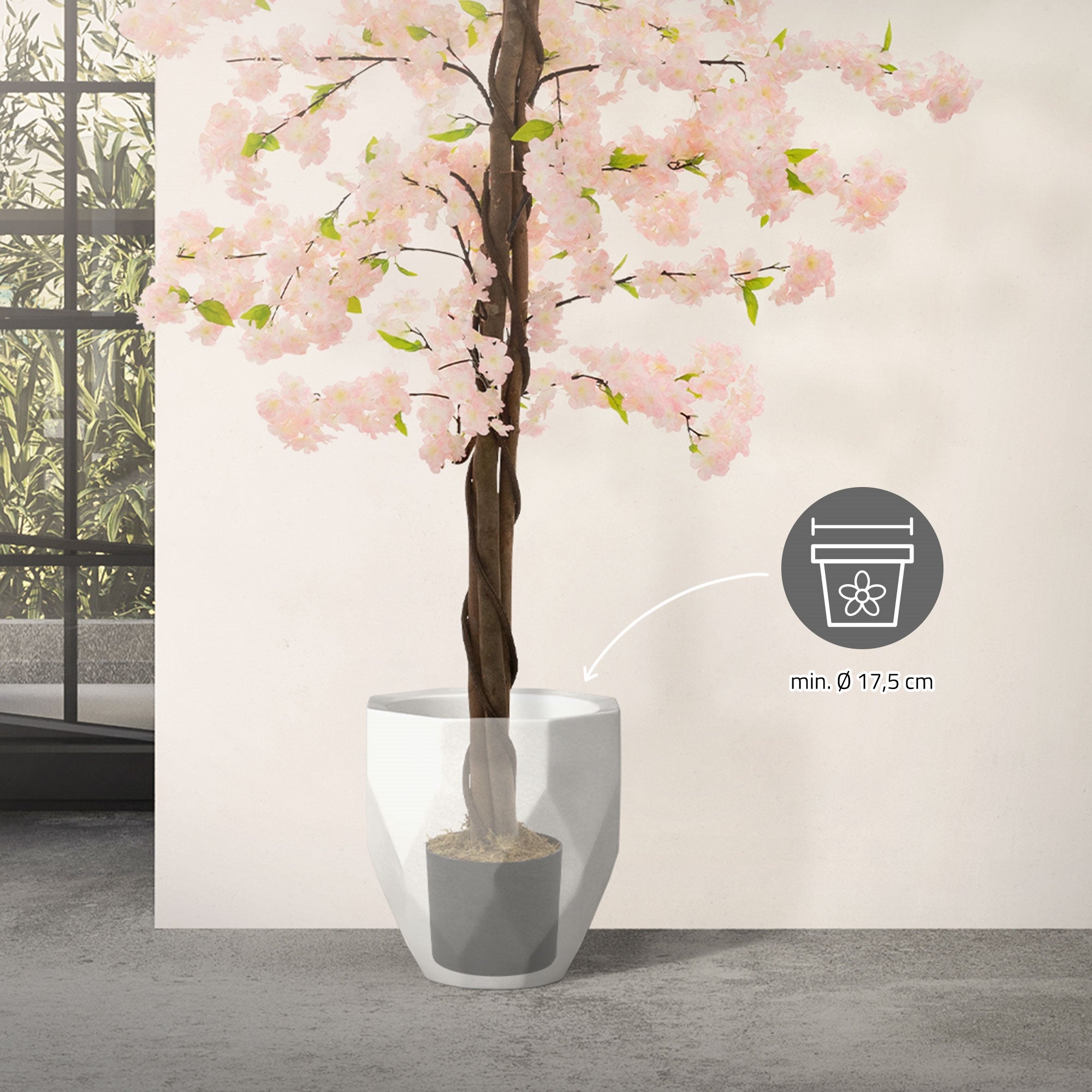 Plante artificielle cerisier 180 cm faux arbre décoratif imitation réaliste en plastique avec des fleurs roses pot inclus pour intérieur et extérieur - 5