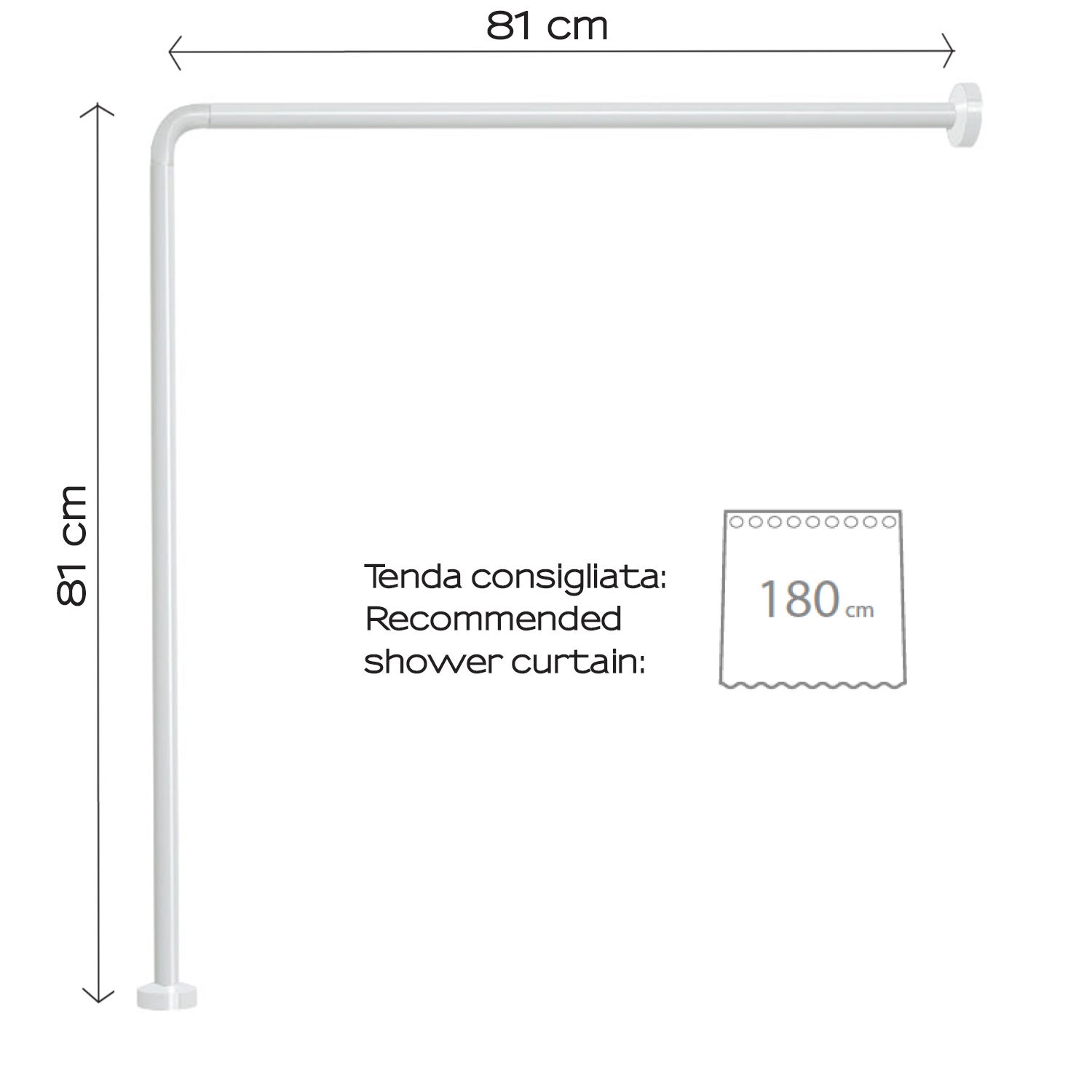 Gedy Telaio Tenda angolare Bianco, Misure: 80X80 CM, Lunghezze Tubi Sono rifilabili, Adatto a Tende Larghe dai 180cm ai 240cm, Asta Doccia in Acciaio, - 5