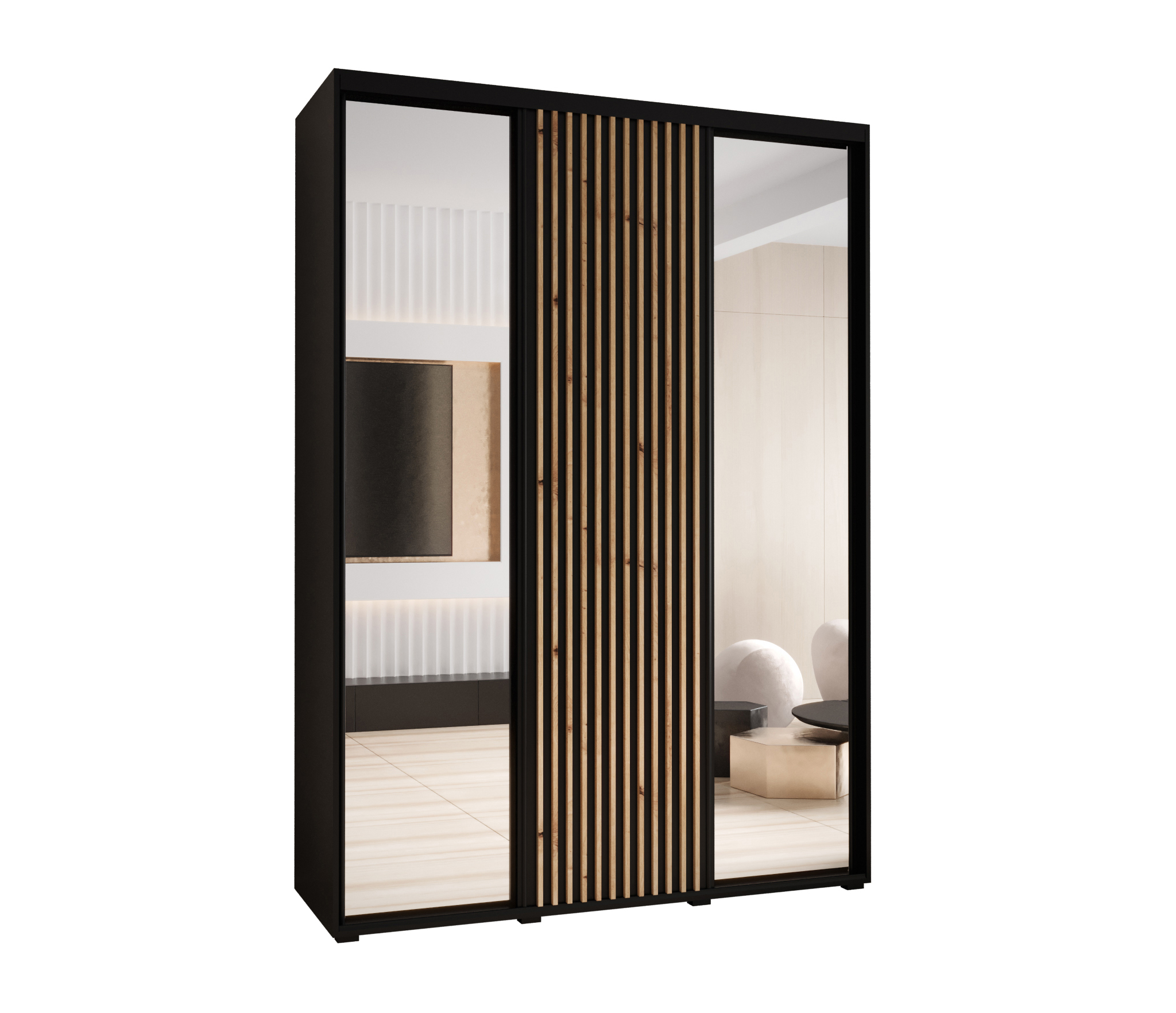 Szafa przesuwna z lustrem wysoka Lanko 2 180 x 45 x 235,2 cm czarny + czarny + lamele artisan - Abiks Meble