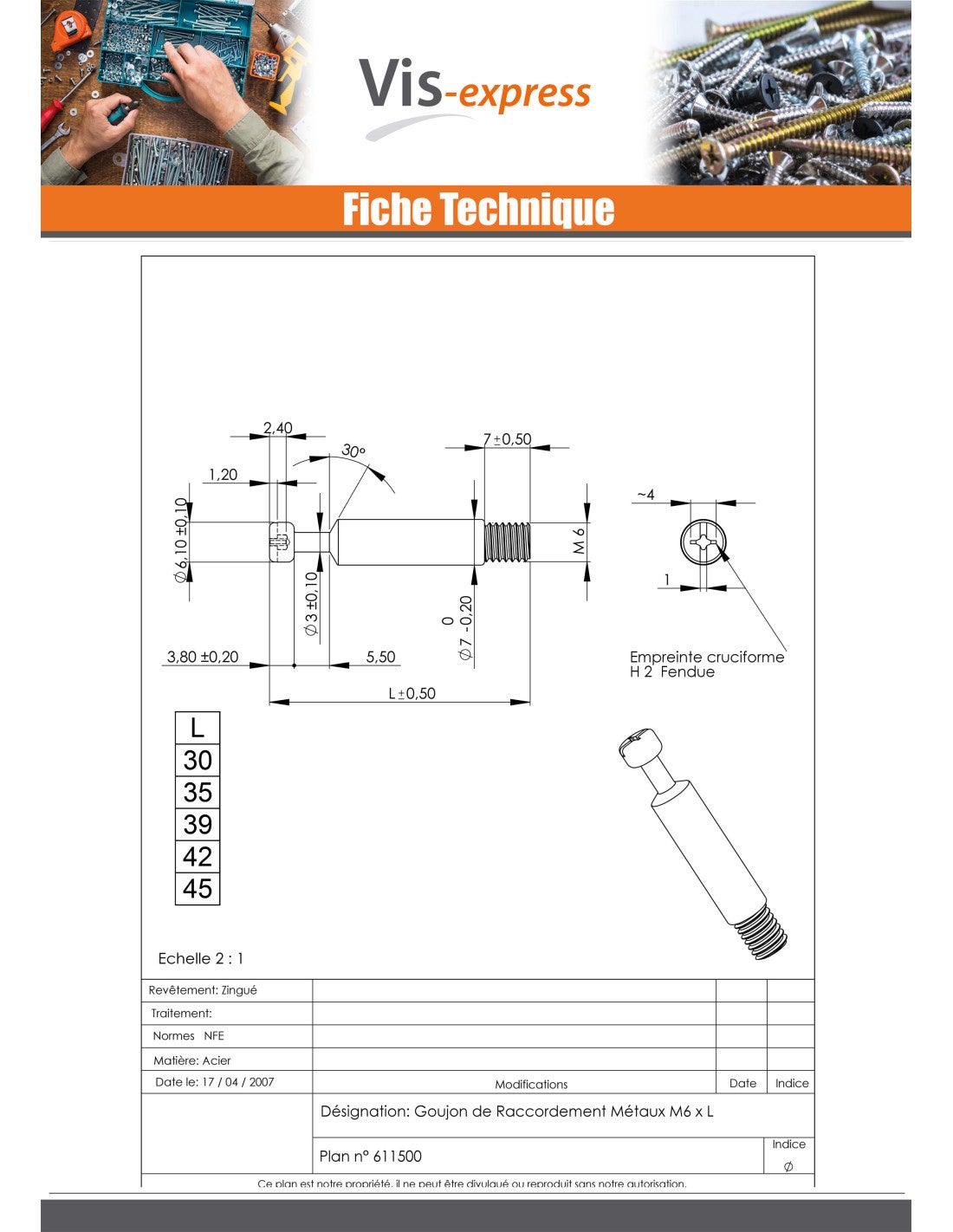 Goujon RACCORDEMENT Métaux 6X35 Acier zingué blanc-1 pièce - 2