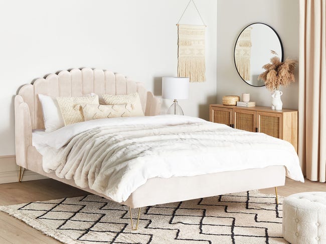 Lit double en velours beige 160 x 200 cm MARVILLE Lit double en velours beige 160 x 200 cm MARVILLE