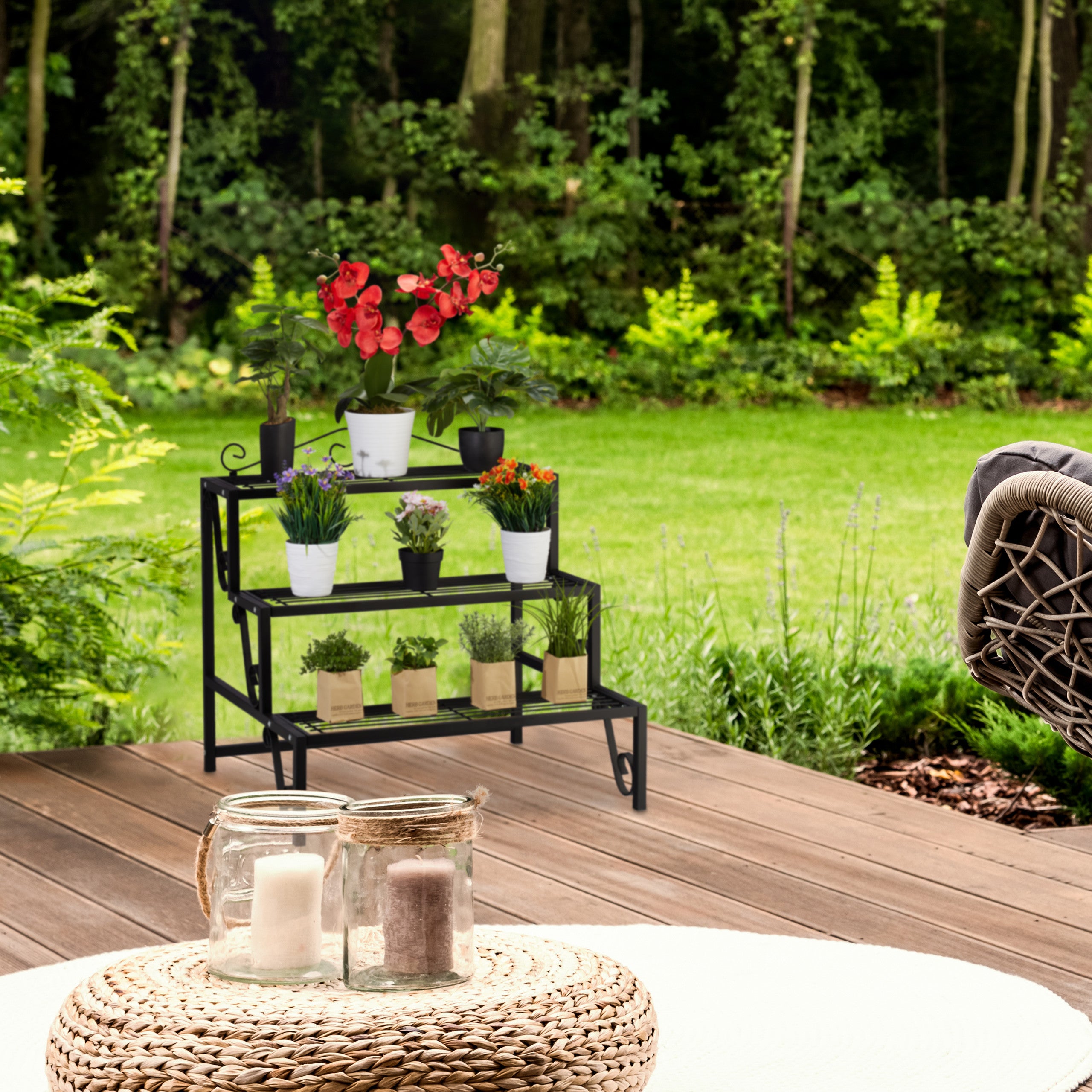 Étagère à plantes en métal, 3 niveaux, pour intérieur et extérieur, avec ornements, 69 x 70 x 60 cm, noire, Relaxdays - 3