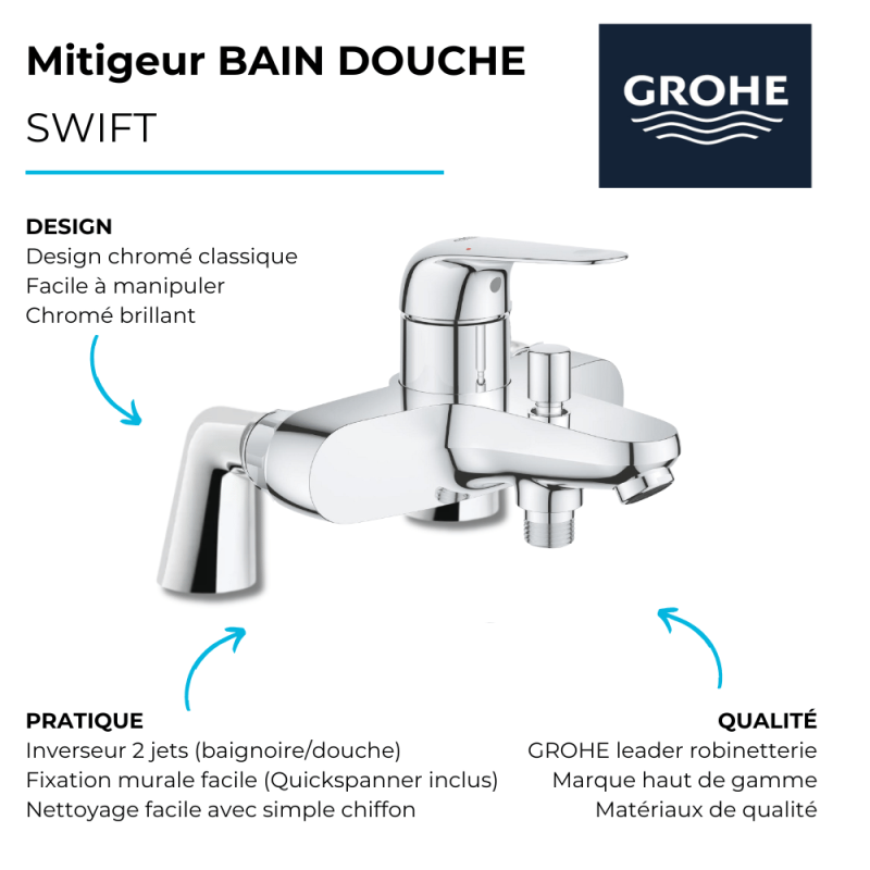 Mitigeur bain mécanique GROHE Bauloop avec ensemble de douche GROHE Vitalio Start avec colonnettes - 3