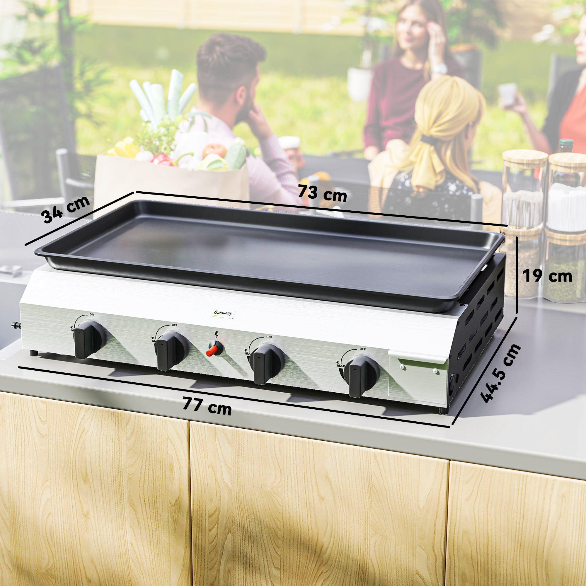 Outsunny Piastra Barbecue a Gas con 4 Bruciatori da 2.4kw e Piano Antiaderente, 77x44.5x19cm, Argento - 3