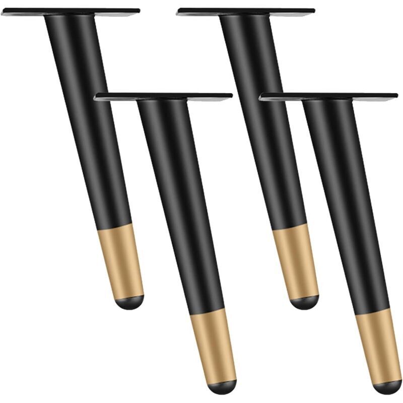 Set de 4 picioare de mobilă de 10 cm, picioare metalice pentru masă și scaun cu bază antiderapantă silențioasă, negru+auriu