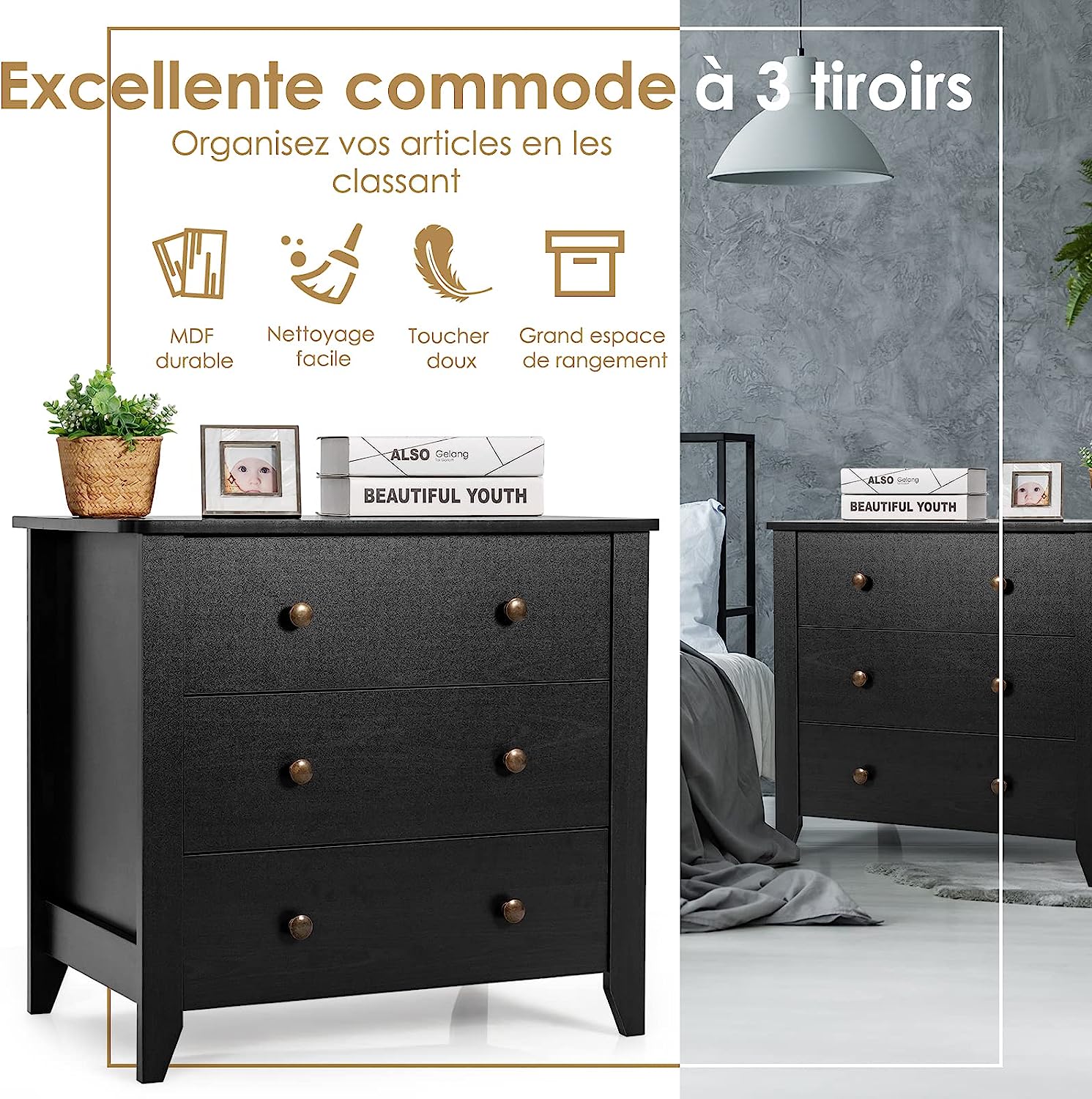 Cassettiera con 3 Cassetti, Comodino con Gambe Robuste e Struttura Stabile, per Camera da Letto, Soggiorno, Ingresso, 71 x 46 x 66 cm (Black) - 2