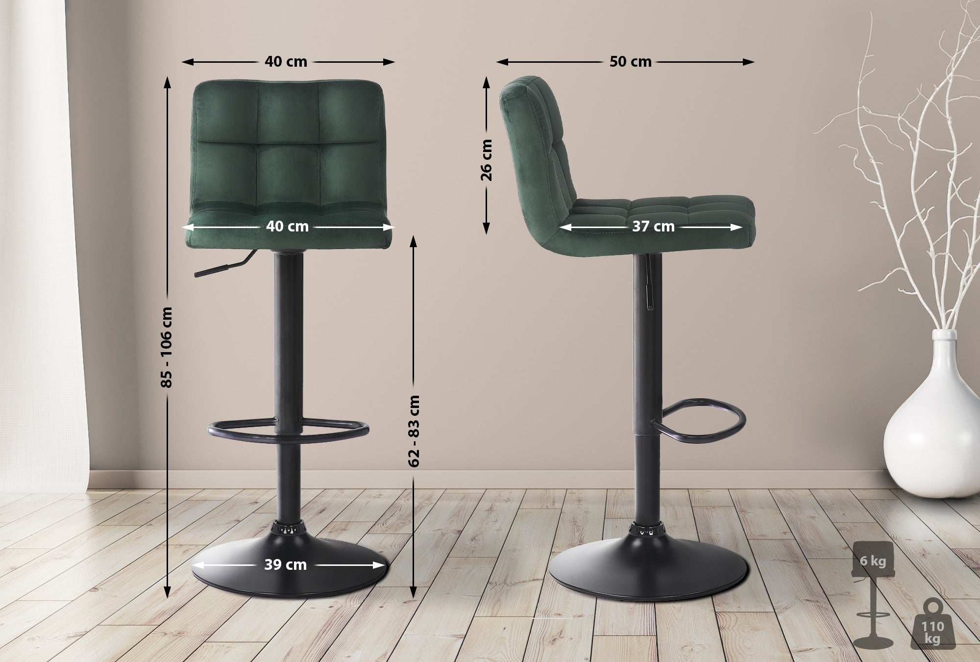 Set 4 Sgabelli Alti Per Bar - Verde E Nero Con Poggiapiedi, Altezza 72cm - Foto 8