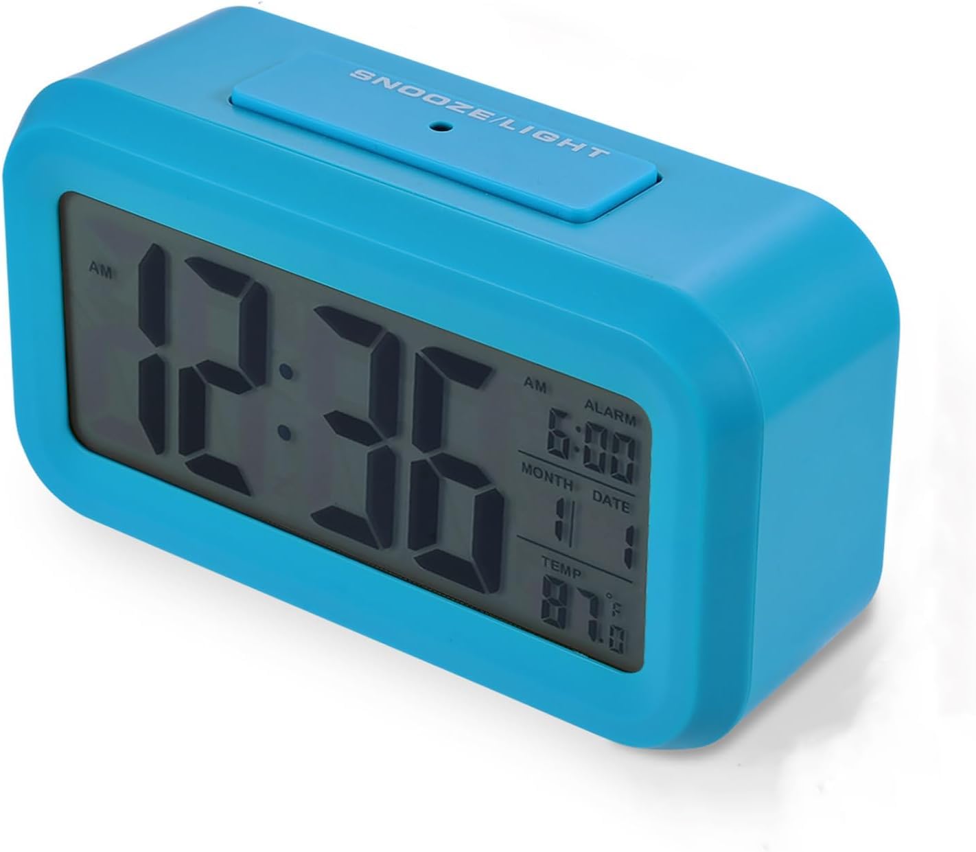 Cyfrowy budzik LED z lampką nocną, wyświetlacz temperatury, daty, funkcja drzemki, ekran LCD, dla studentów, do domu, biura, niebieski