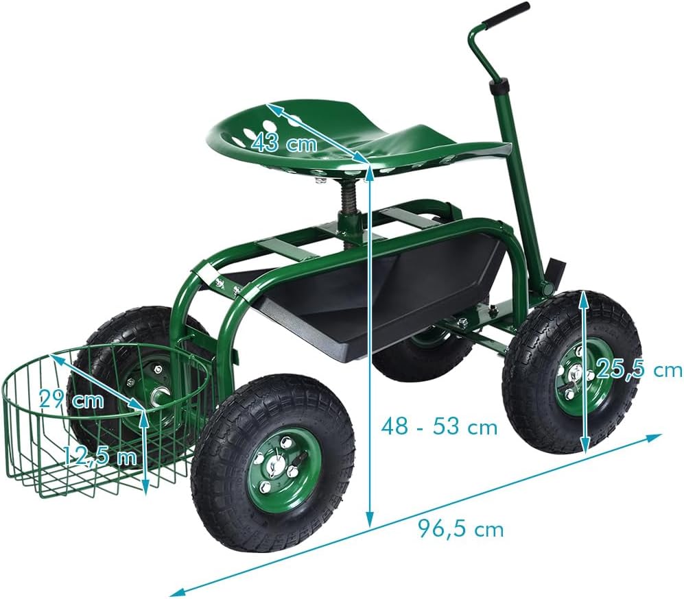 Sgabello per Giardinaggio con Ruote, Sedile da Giardino Regolabile in Altezza con Manico Estensibile, Cesto Portaoggetti, 2 Vassoi e 4 Ruote i - 5