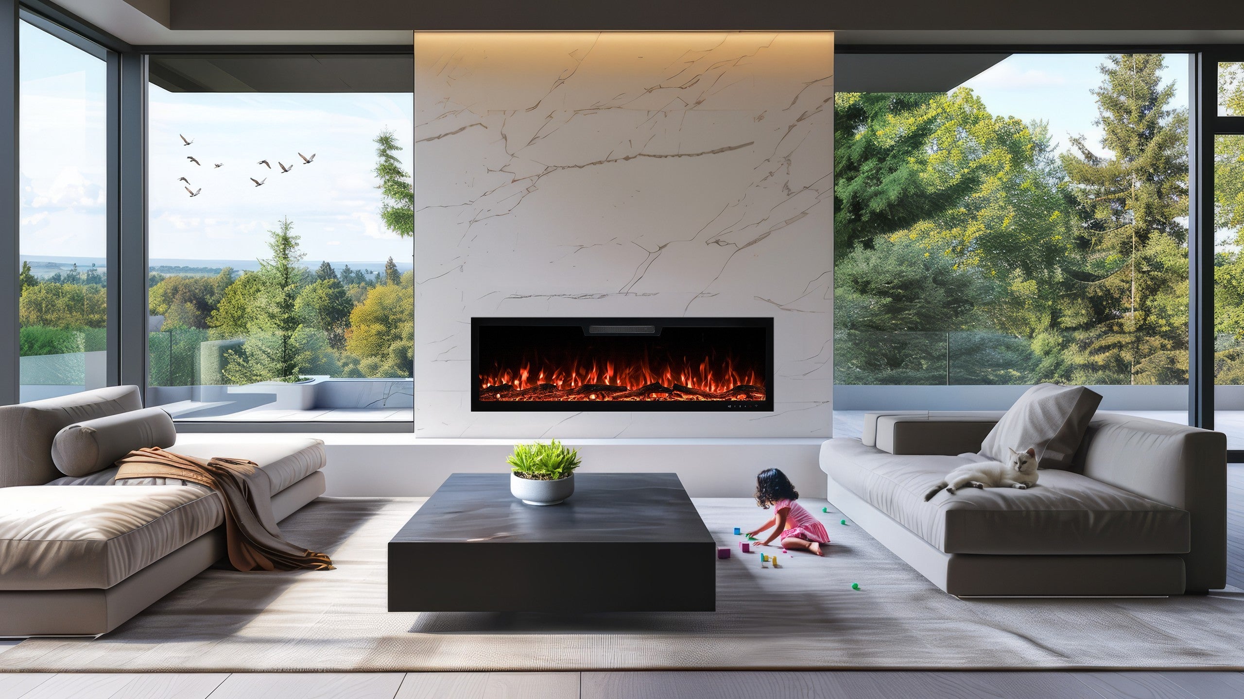 Cheminée électrique AFLAMO Elite 183 - feu premium - murale ou encastrable - 183x46x13 cm - cheminée LED décorative avec chauffage 750/1500 W - 8