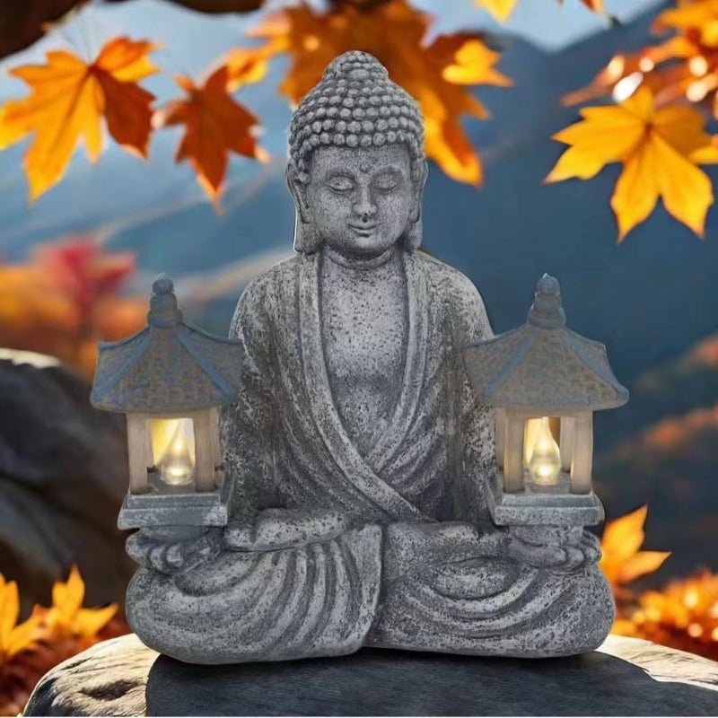 Dekoracja statuy Buddy na zewnątrz, ozdoby statuy Buddy do ogrodu zen, lampy solarne, latarnia Buddy