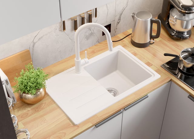 Evier Cuisine en Granit Blanc 70x44cm, Lavabo 1 bac + Kit de Vidage, Évier à Encastrer au meuble 45cm - Copenhague Easy PRIMAGRAN