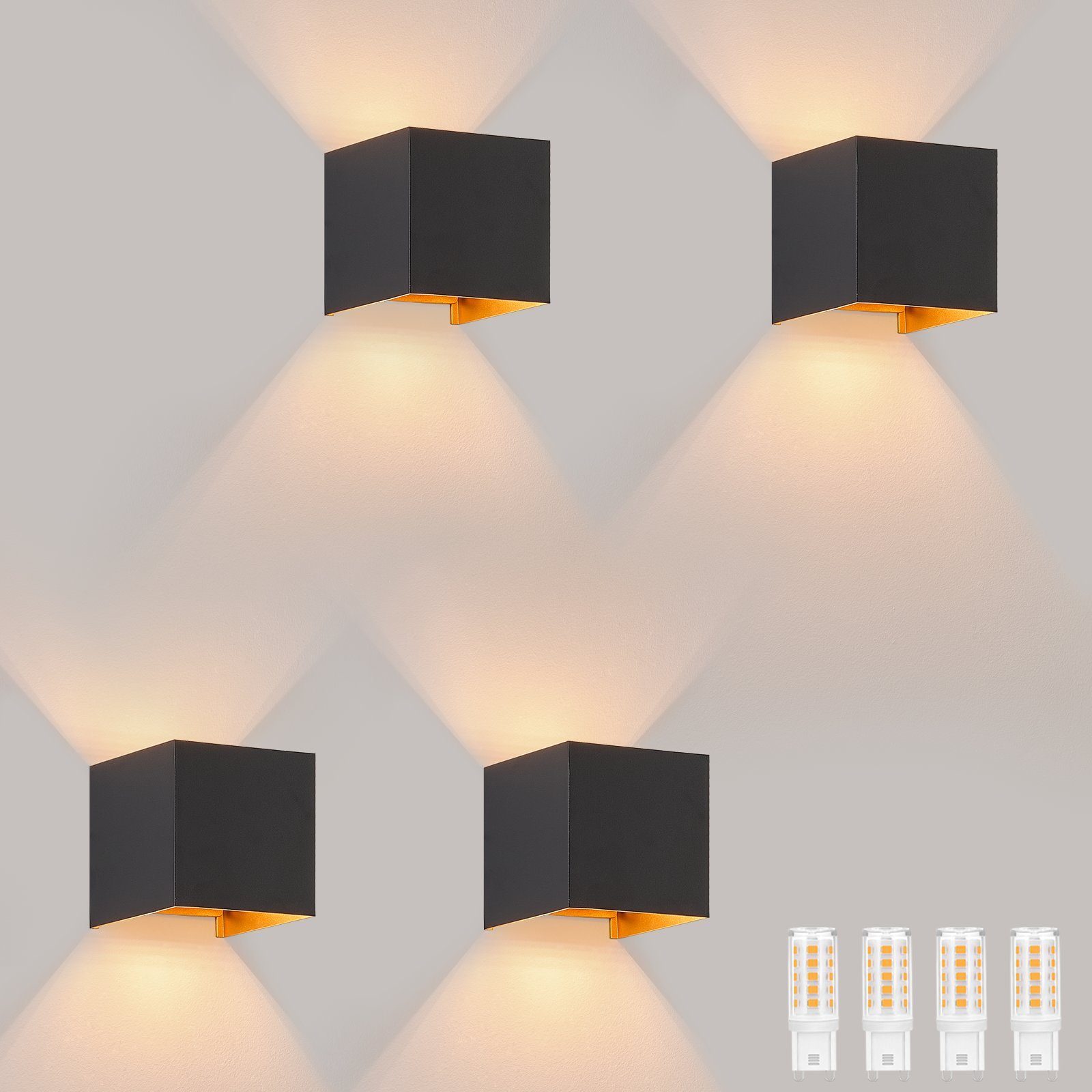 NETTLIFE Kinkiet LED 3W, 4 sztuki - G9 Kinkiet zewnętrzny/wewnętrzny Czarno-złoty, wodoodporny, podwójnie regulowany strumień IP65 230V 3000K