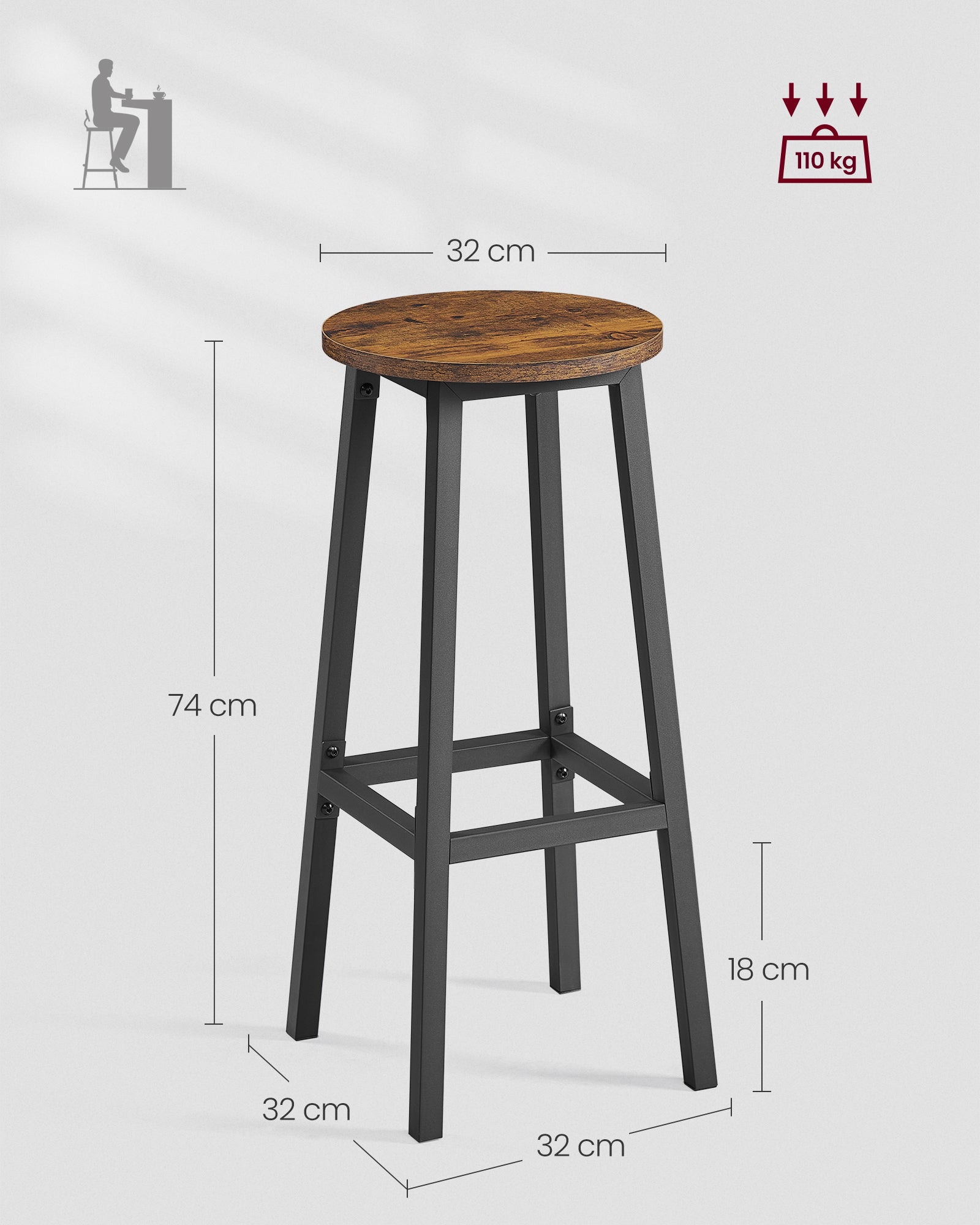 Tabouret de Bar, Lot de 2, Siège Haut, Cadre Métallique, Montage Facile, Hauteur 74 cm, pour Cuisine, Salon, Salle à Manger, Marron Rustique et Noir - 4