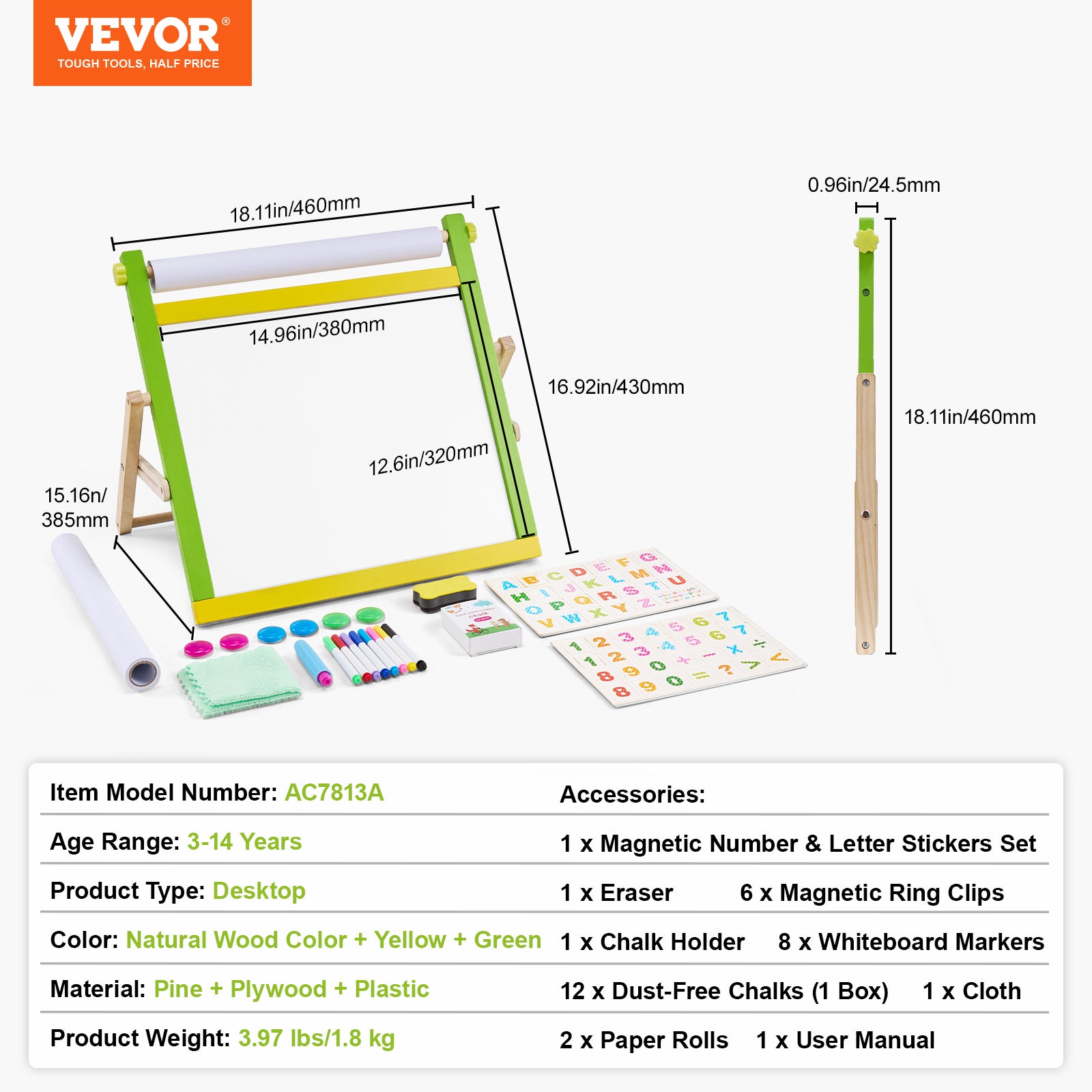 chevalet d'art de bureau pour enfants,VEVOR chevalet en bois réversible 3 en 1 avec tableau magnétique,papier à rouler,pliable,avec accessoires - 7