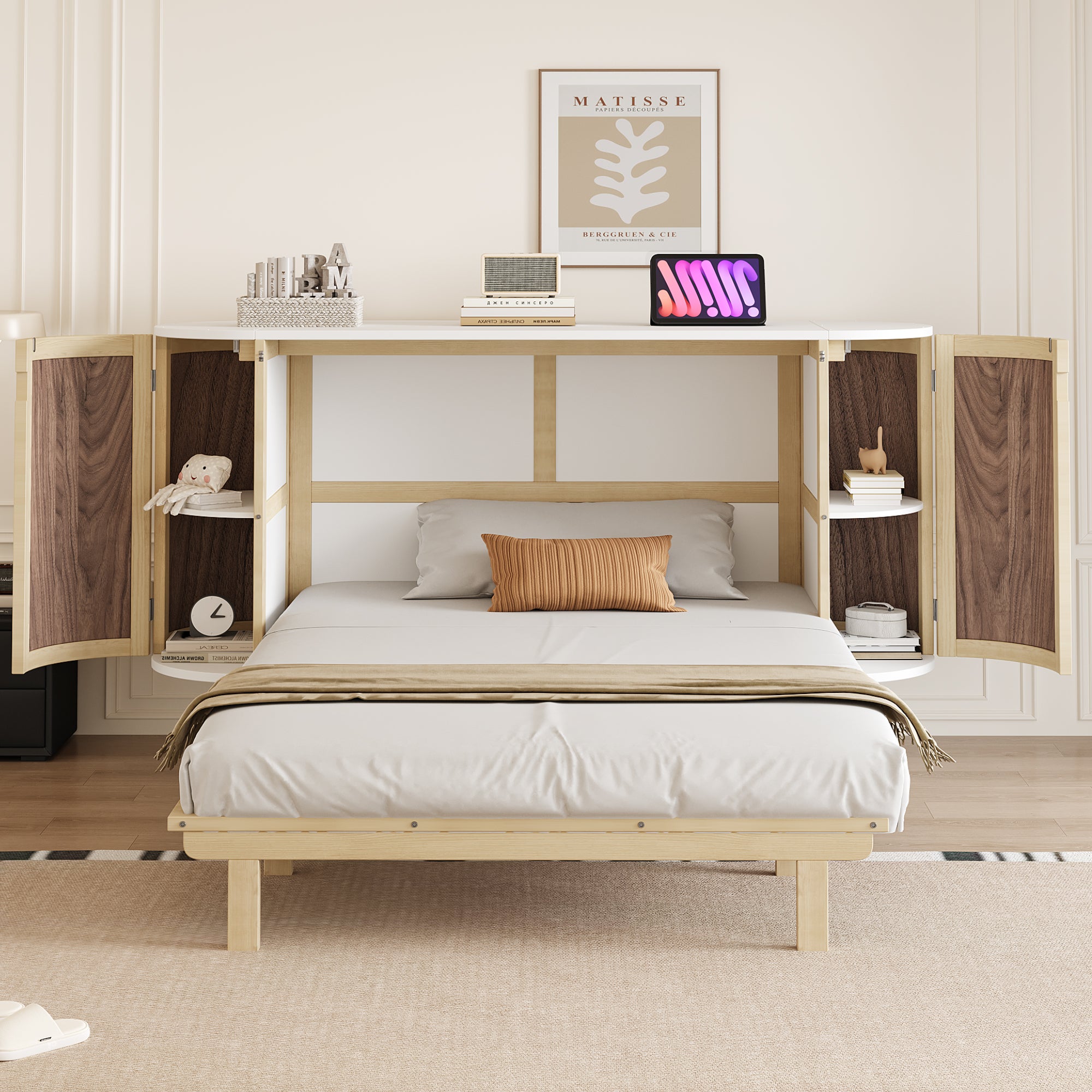 ZYLOYAL10 Letto Ad Armadio Parete 140x200 Cm, Letto Pieghevole Verticale Con Rete A Doghe, Struttura In Legno E Metallo, Bianco/Grigio, Soluzione Salvaspazio Per Camerette