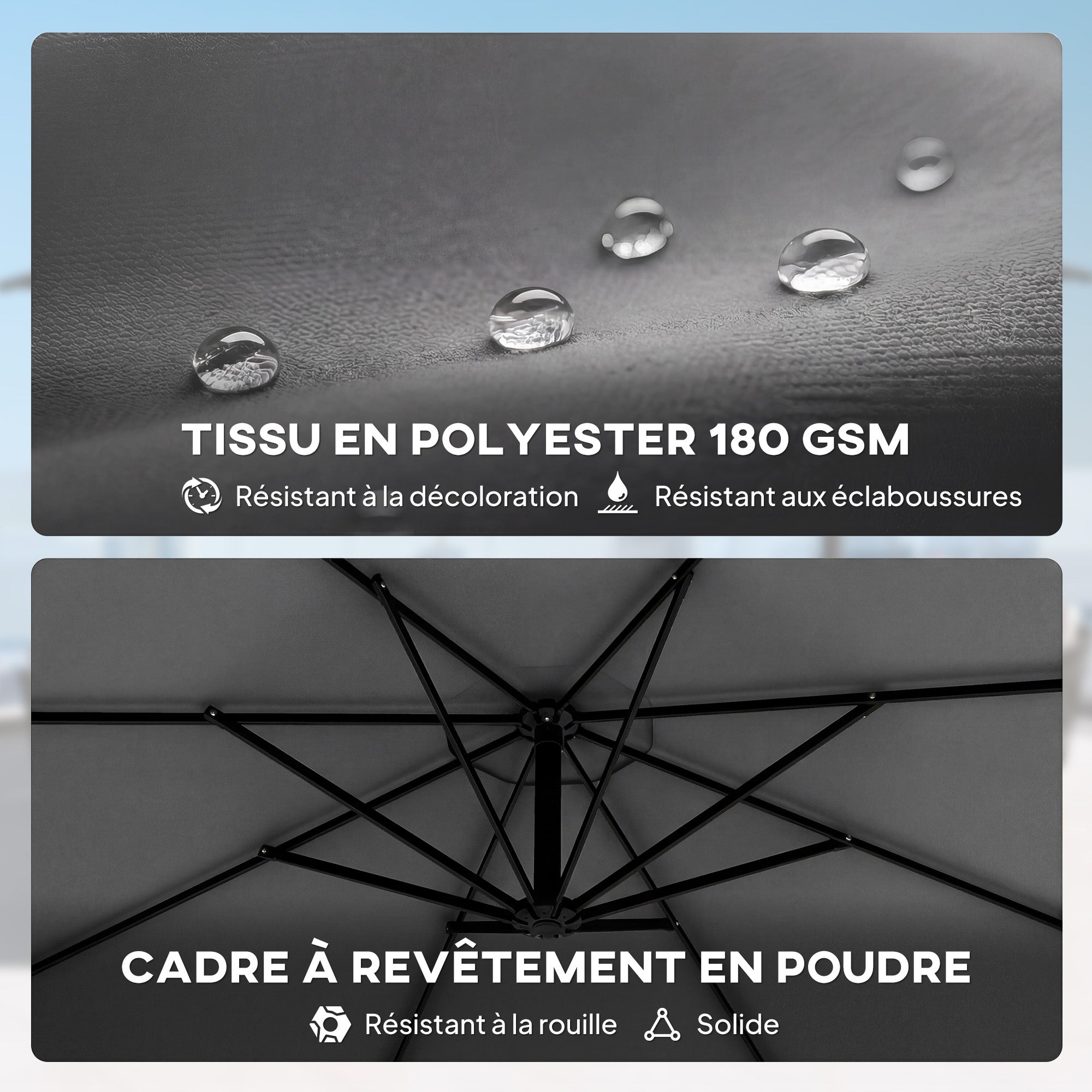 Parasol Déporté Parasol de Jardin Extérieur Double Cordes de Fixation et Housse de Protection Manivelle Gris Foncé - 8
