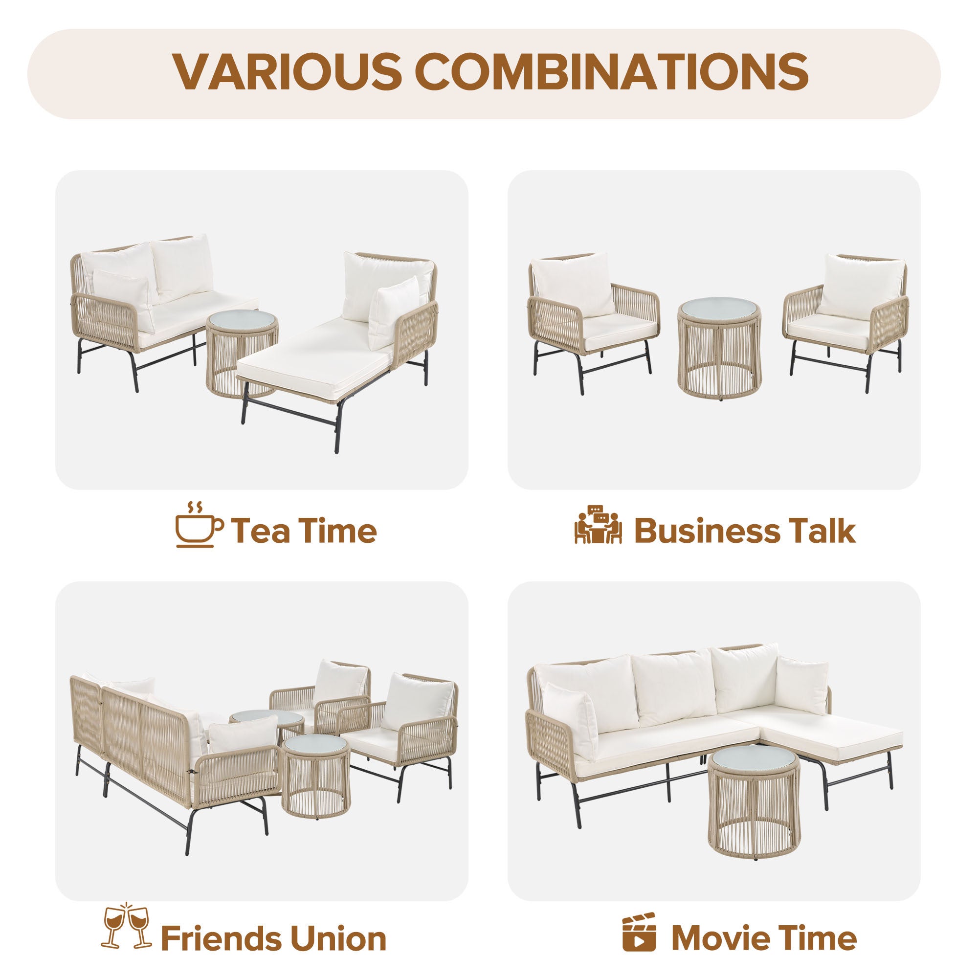 Ensemble Lounge de Jardin 6 Pièces, Canapés d'Extérieur en Fer et Corde Tressée Beige, 2 Fauteuils, 2 Canapés 2 Places, 2 Tables, Coussins Inclus - 6
