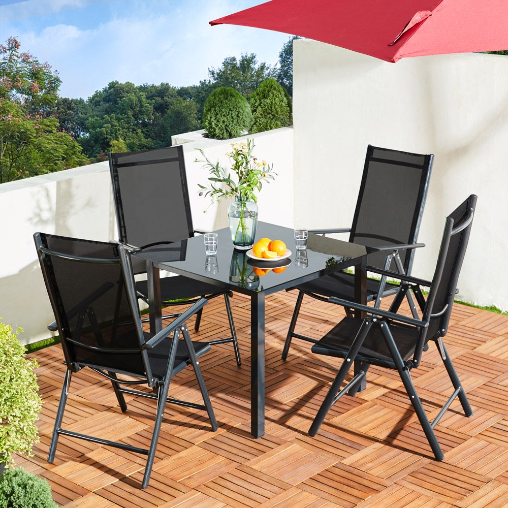 Salon Jardin Aluminium Casaria Bern 5 Pièces - Table 90x90cm + 4 Chaises Pliables - Noir/Argent - Résistant Intempéries