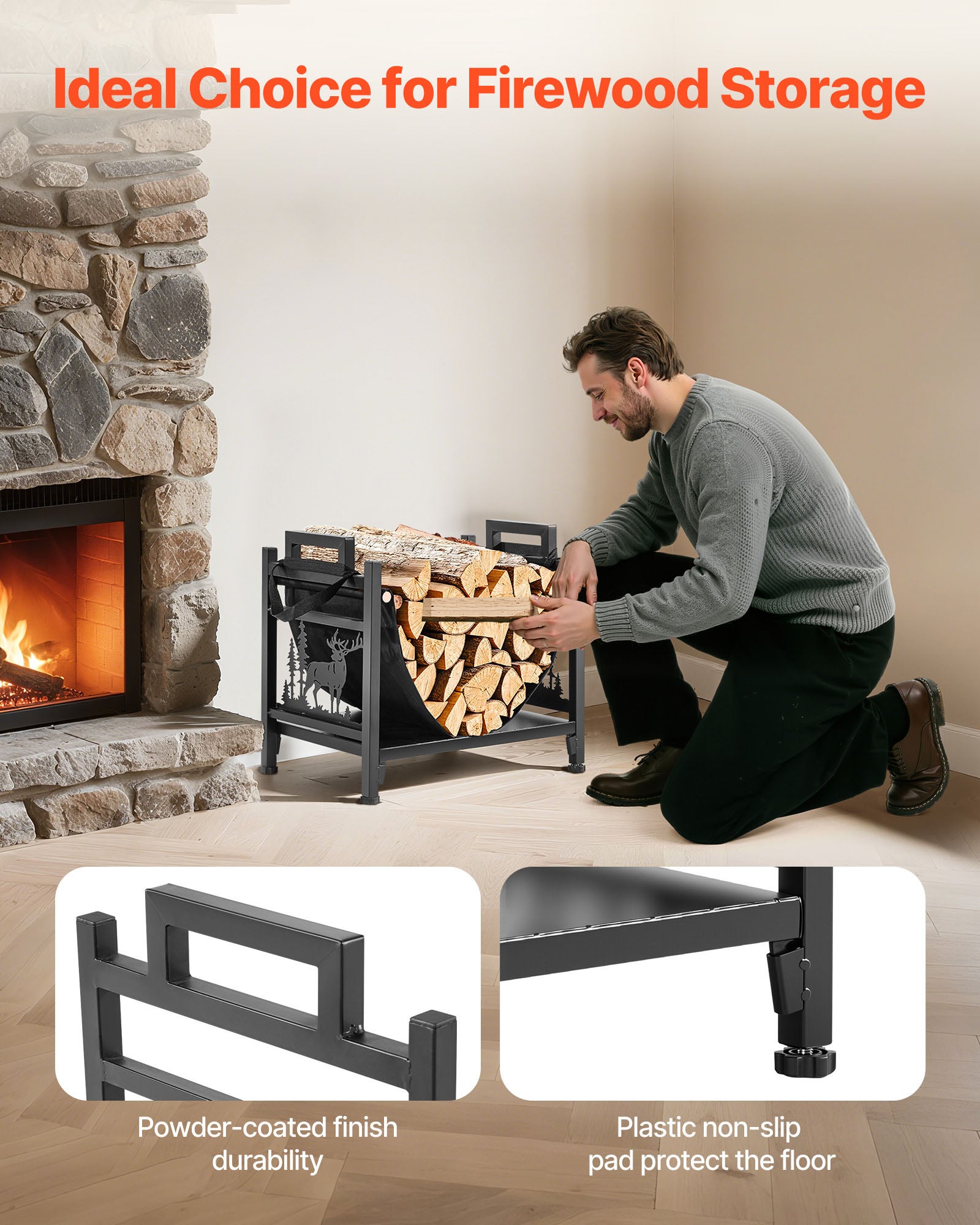 Support à bois VEVOR chauffage d'intérieur, range-bûches incurvé 450 x 315 x 415 mm, avec support en toile, charge 18,1 kg, en acier thermolaqué - 4