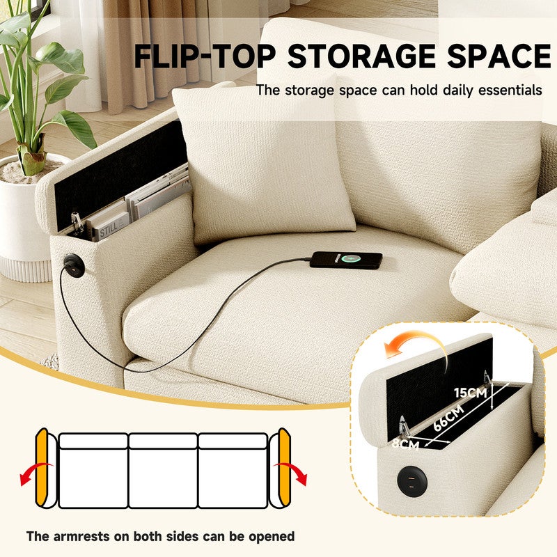 Canapé 3 places moderne - avec coussins et table pliante - comprend des ports USB et un porte-gobelet - beige - 6