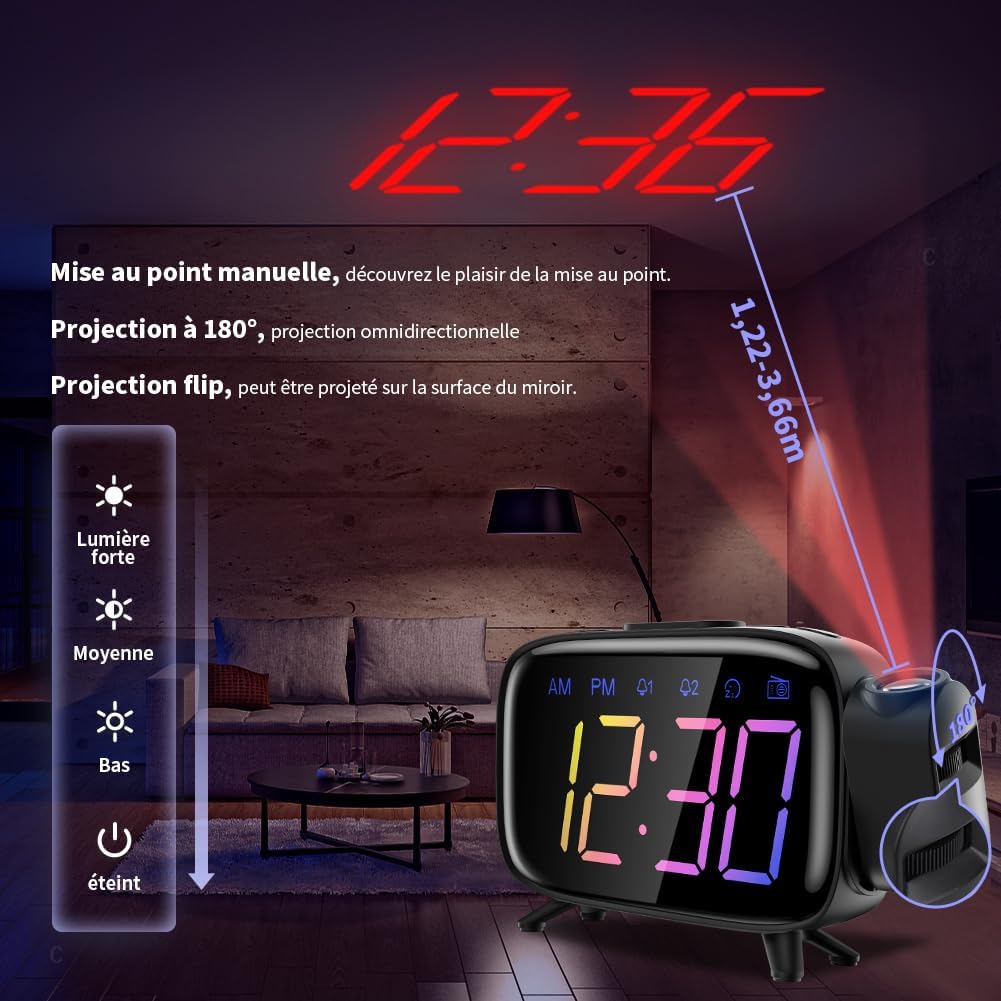 Radio Reveil Projection Plafond Réveil Radio FM avec Double Alarme Reveille Numerique Couleur, 12/24H, 3 Niveaux de Luminosité, Port de Char - 2