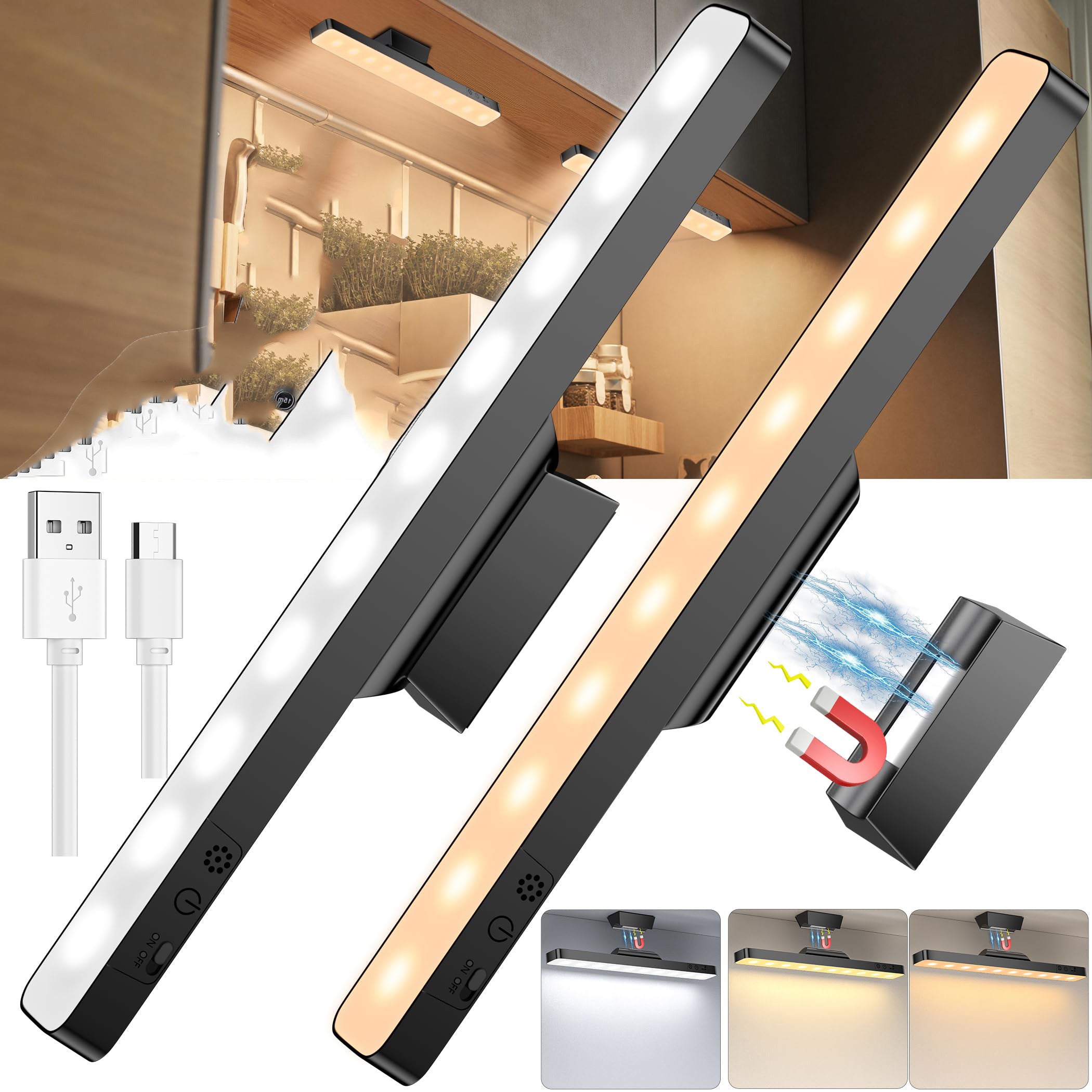 2 szt. magnetycznych, ładowalnych lamp podszafkowych, temperatura barwowa 3000-5700K, płynna regulacja jasności, odpowiednie do szafek